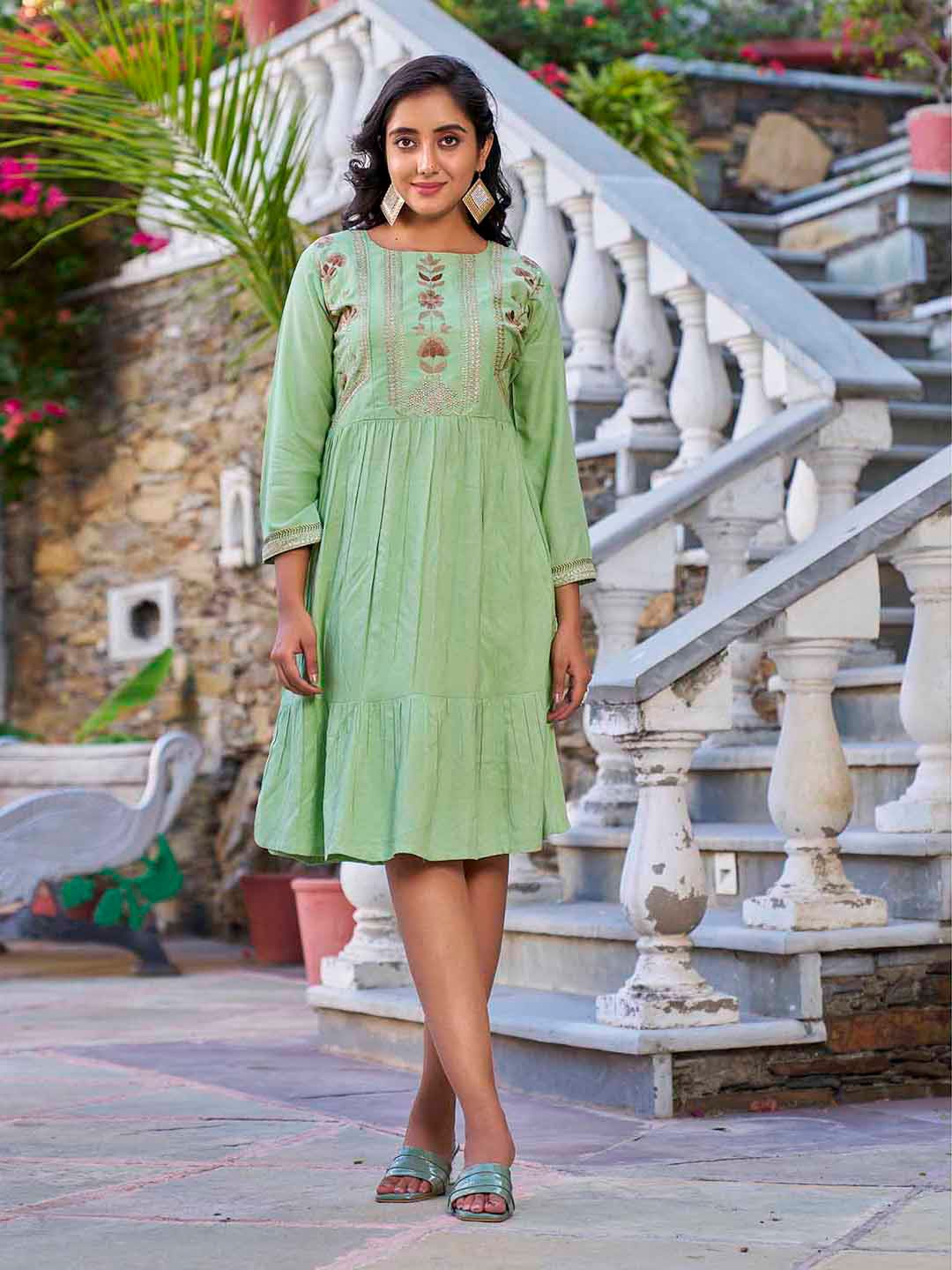 

Puretouch Ethnic Motifs Embroidered A-Line Dress, Green