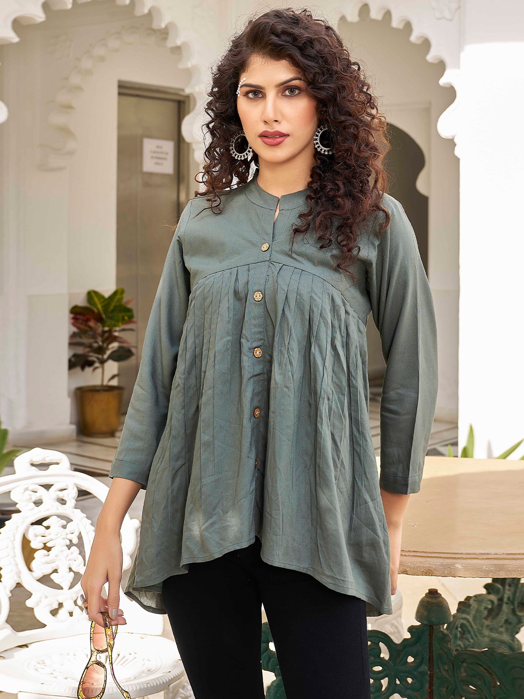 

Puretouch Mandarin Collar Gathers Tunic, Green