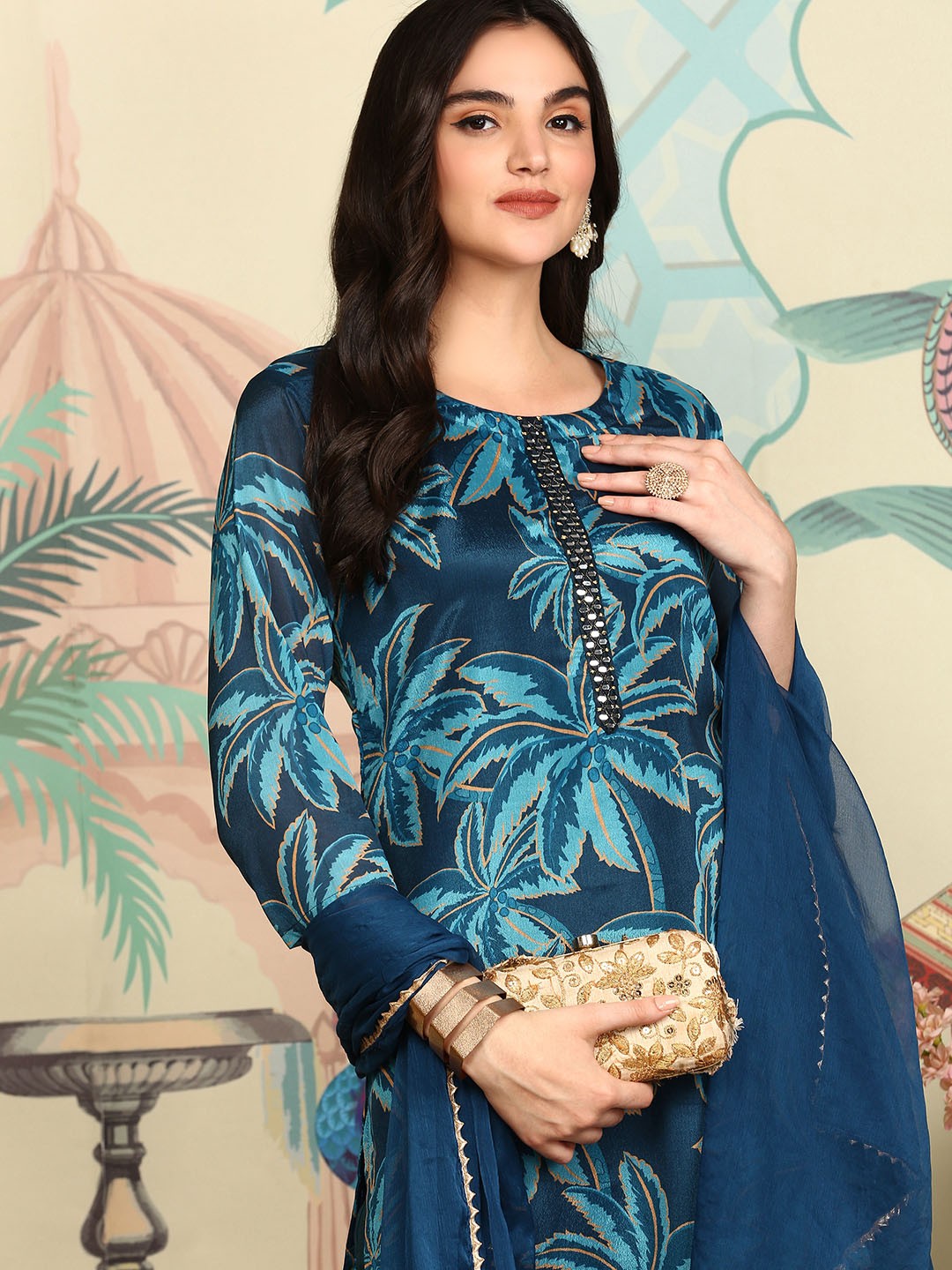 

Ishin Navy Blue Floral Printed Beads And Stones Straight Kurta With Trousers & Dupatta