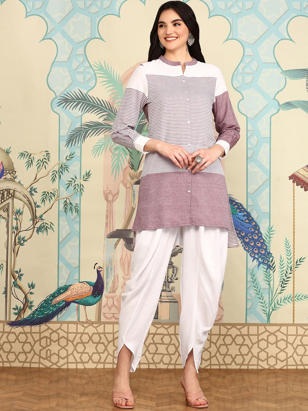 

Ishin Striped Mandarin Collar Three-Quarter Sleeves Kurti with Dhoti Pants, Peach