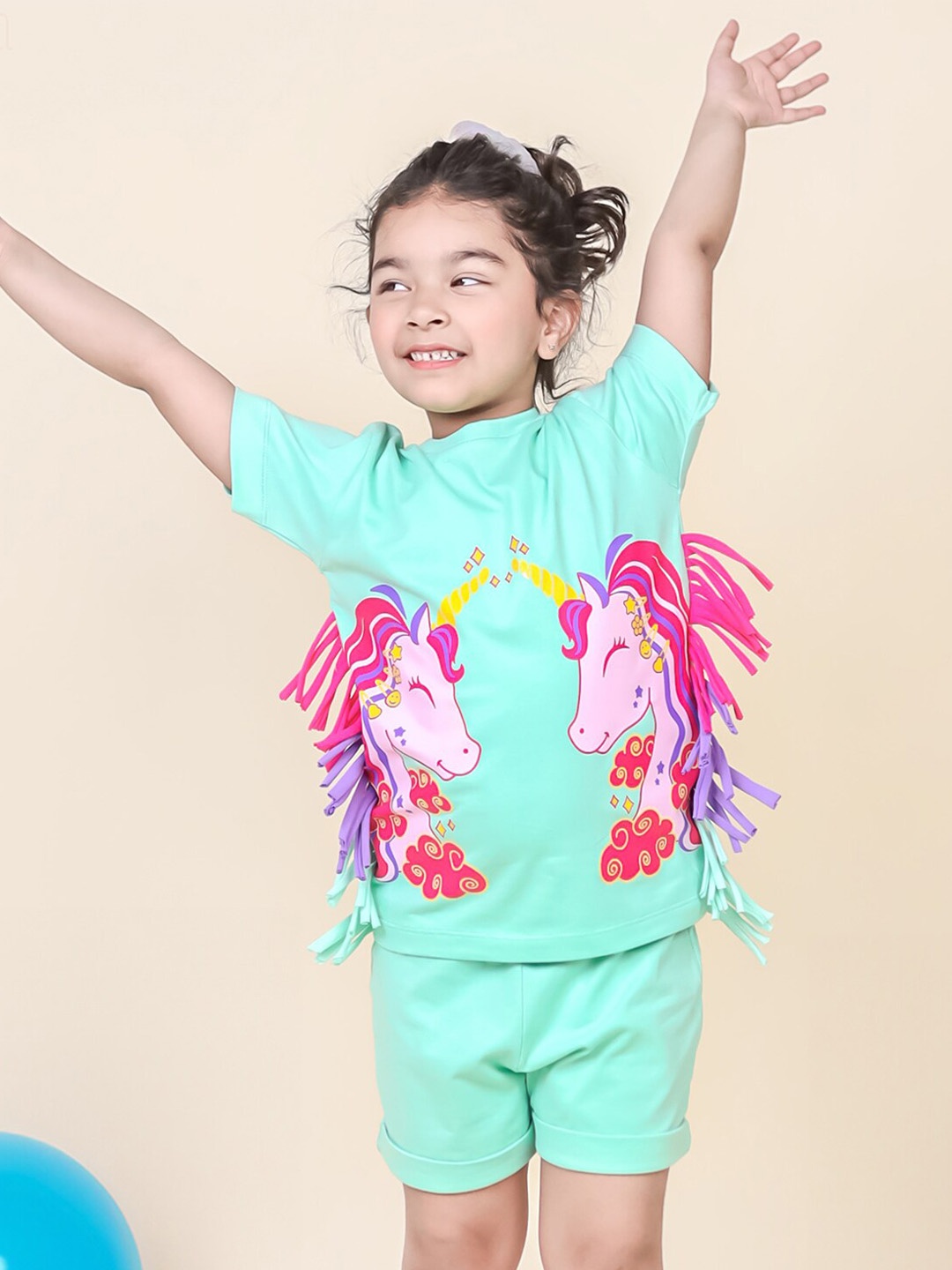 Little Carrot Girls Printed Pure Cotton Top with Shorts, Turquoise blue