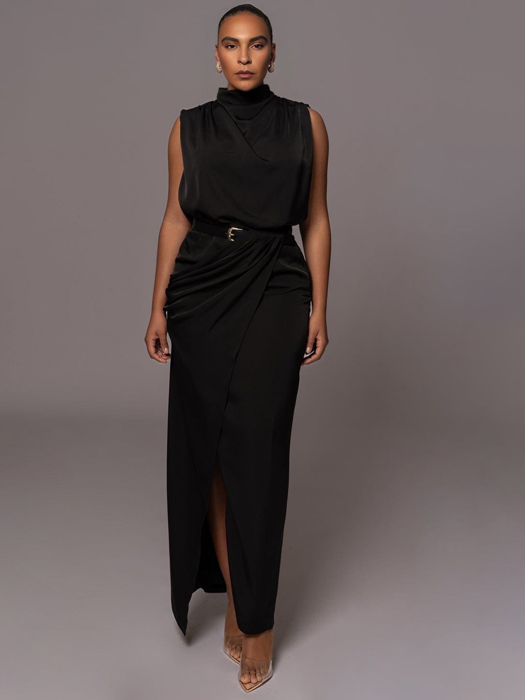 

Bee Boe High Neck Draped Top With Skirt, Black