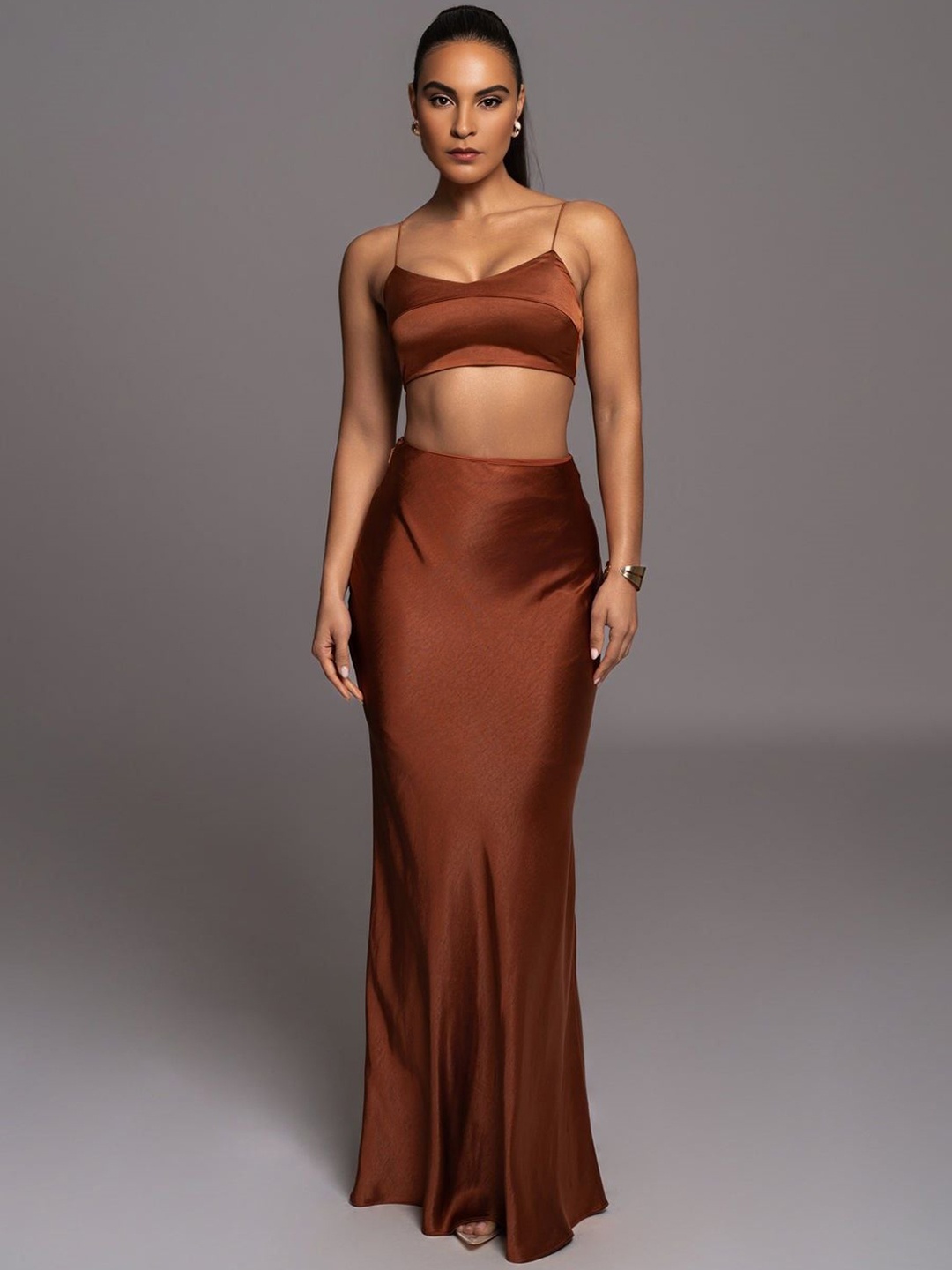 

Bee Boe Shoulder Strap Satin Crop Top With Maxi Skirt, Copper