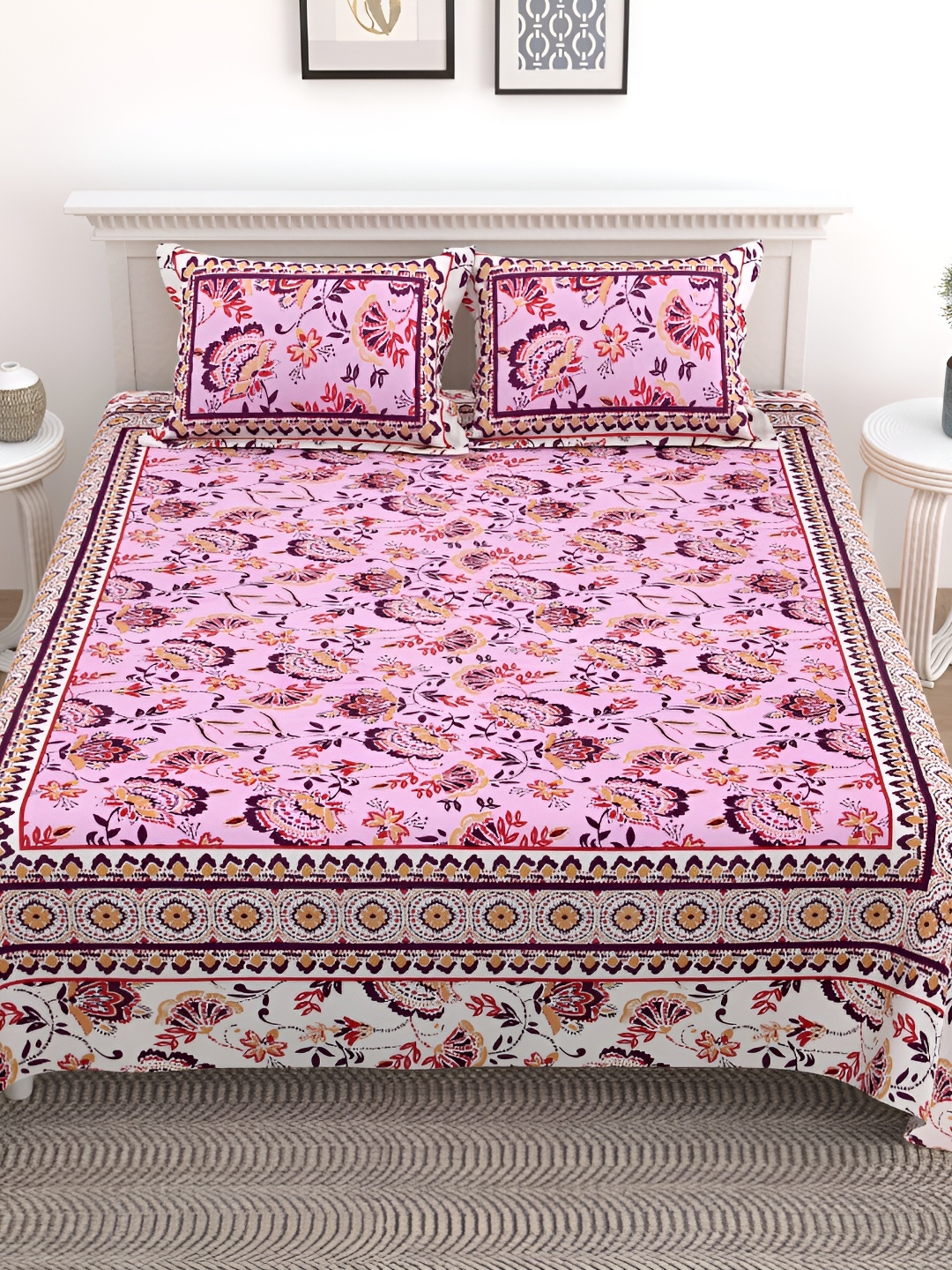 

SHOOLIN Pink & Red Floral Pure Cotton Queen Bedsheet With 2 Pillow Covers