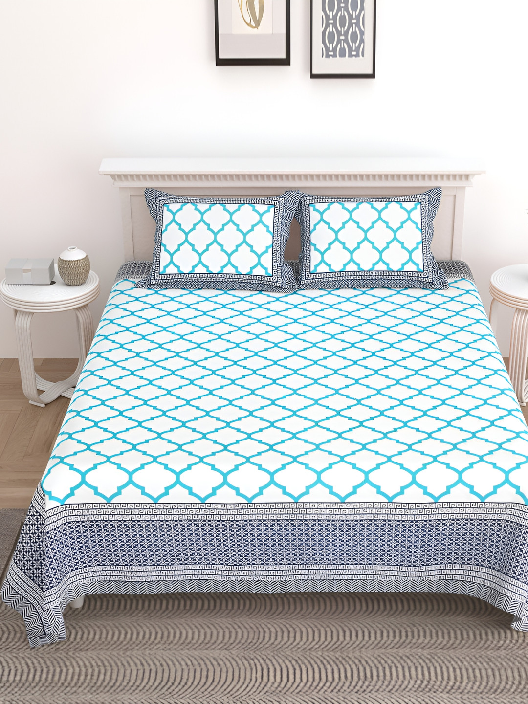 

SHOOLIN White & Blue Ethnic Motifs 162 TC Pure Cotton Queen Bedsheet With 2 Pillow Covers