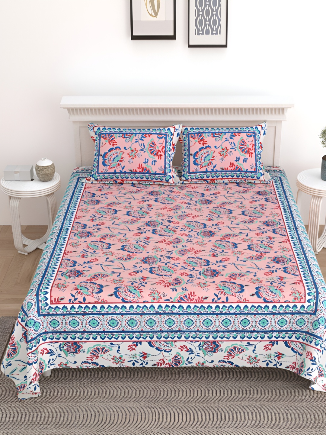 

SHOOLIN Peach-Coloured & Blue Floral Cotton Queen Bedsheet with 2 Pillow Covers