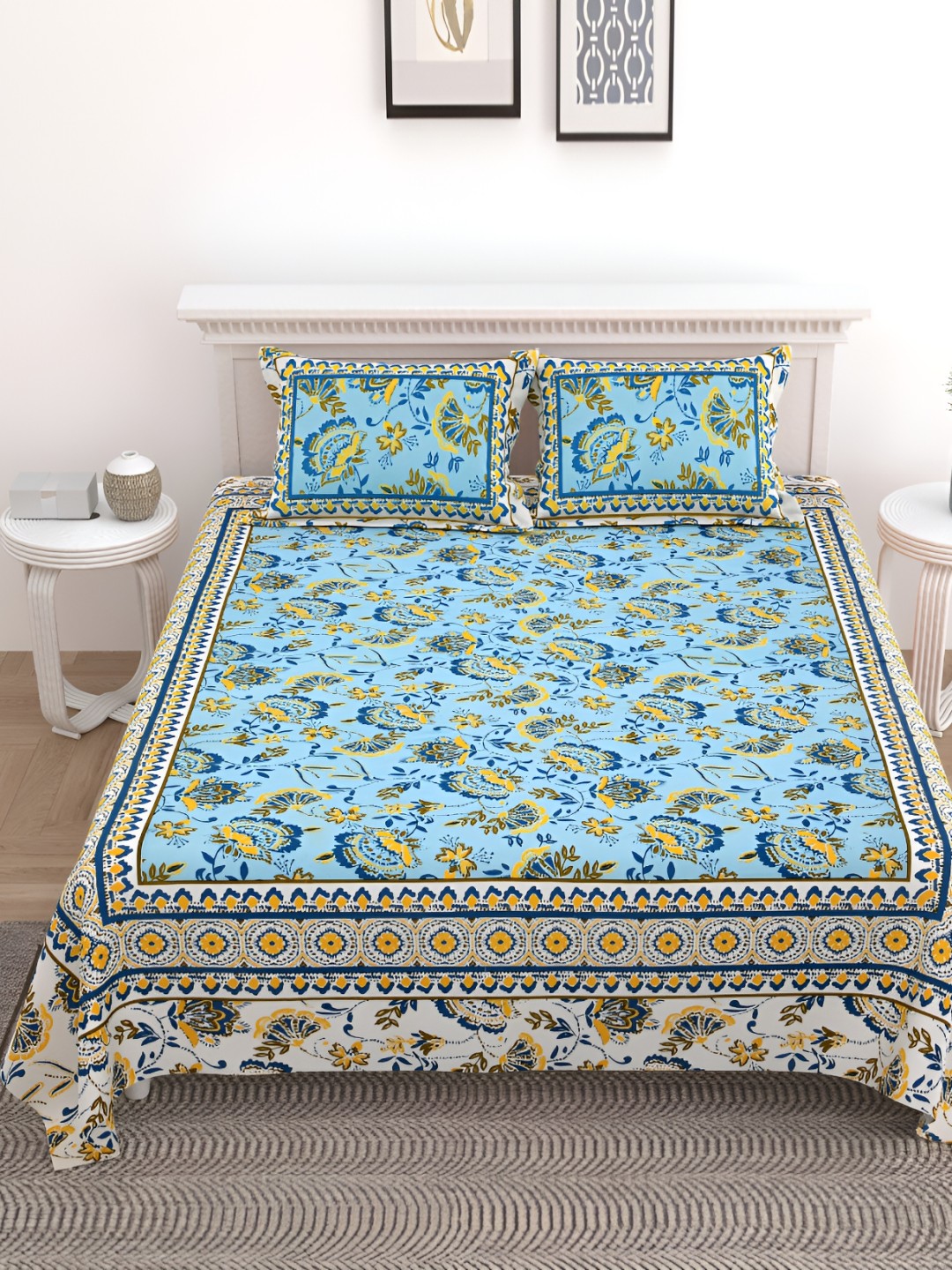 

SHOOLIN Blue & Yellow Floral Pure Cotton Queen Bedsheet With 2 Pillow Covers