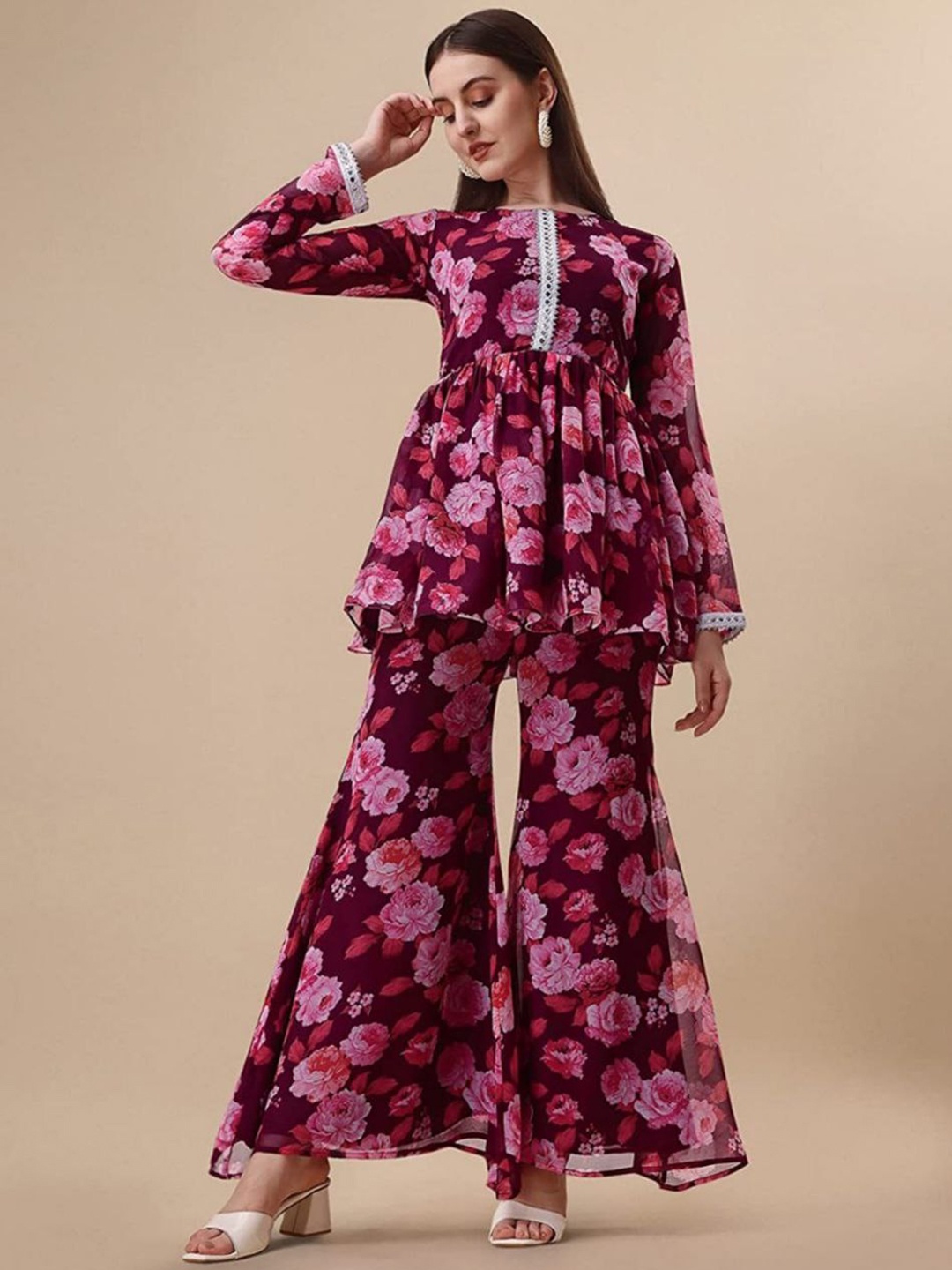 

TWINS LADY Round Neck Floral Yoke Design Regular Kurti with Trousers, Maroon