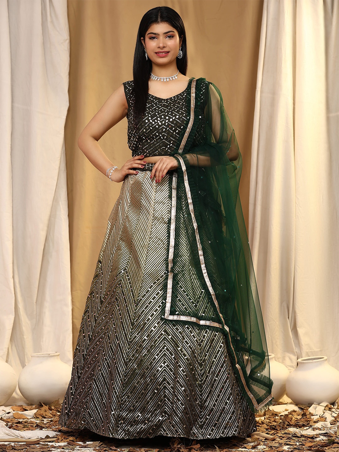 

AMOHA TRENDZ Embroidered Organza Ready to Wear Lehenga & Blouse With Dupatta, Green