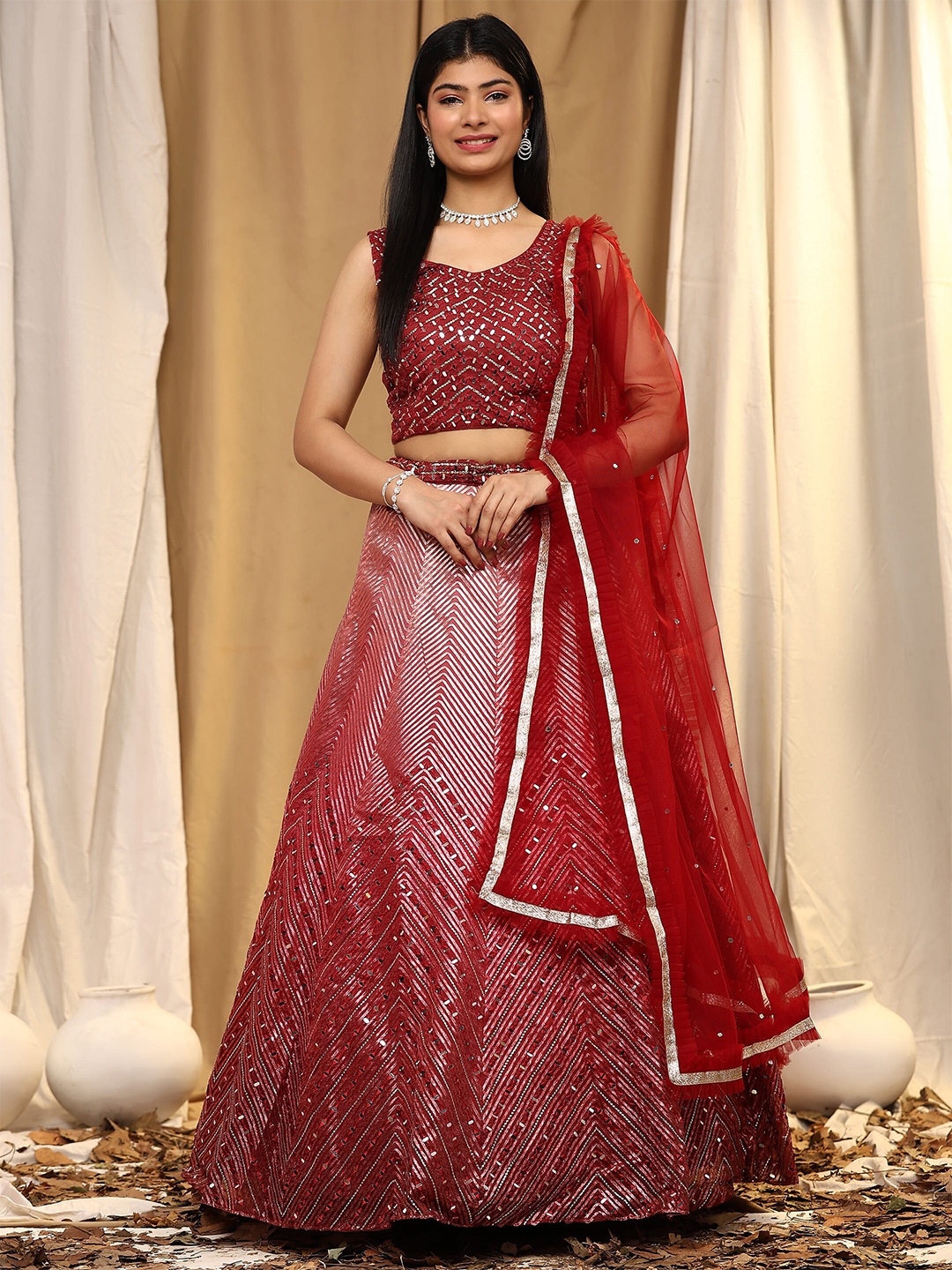 

AMOHA TRENDZ Embroidered Mirror Work Ready to Wear Lehenga & Blouse With Dupatta, Maroon