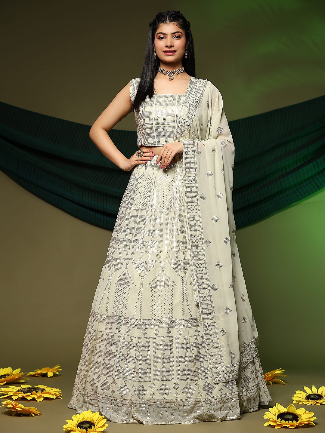 

AMOHA TRENDZ Embellished Sequinned Georgette Ready to Wear Lehenga & Blouse With Dupatta, Cream