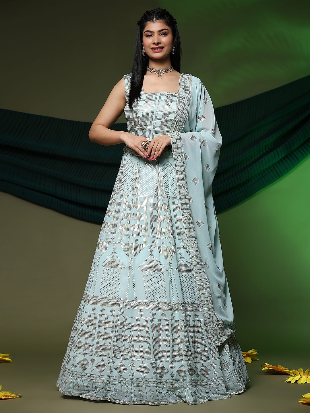 

AMOHA TRENDZ Embellished Georgette Sequinned Ready to Wear Lehenga & Blouse With Dupatta, Sea green
