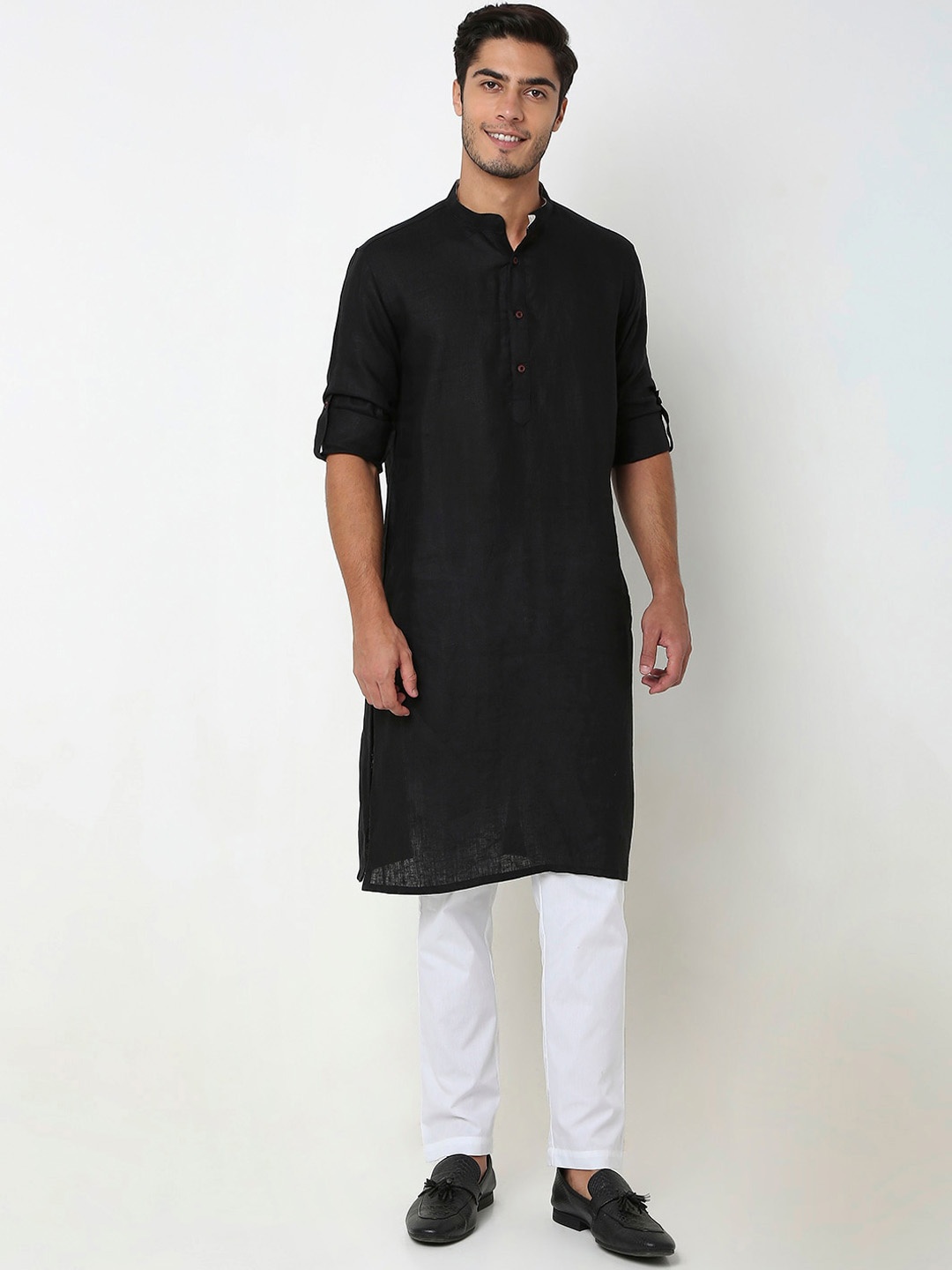 

Ethnicity Mandarin Collar Roll-Up Sleeves Kurta, Black