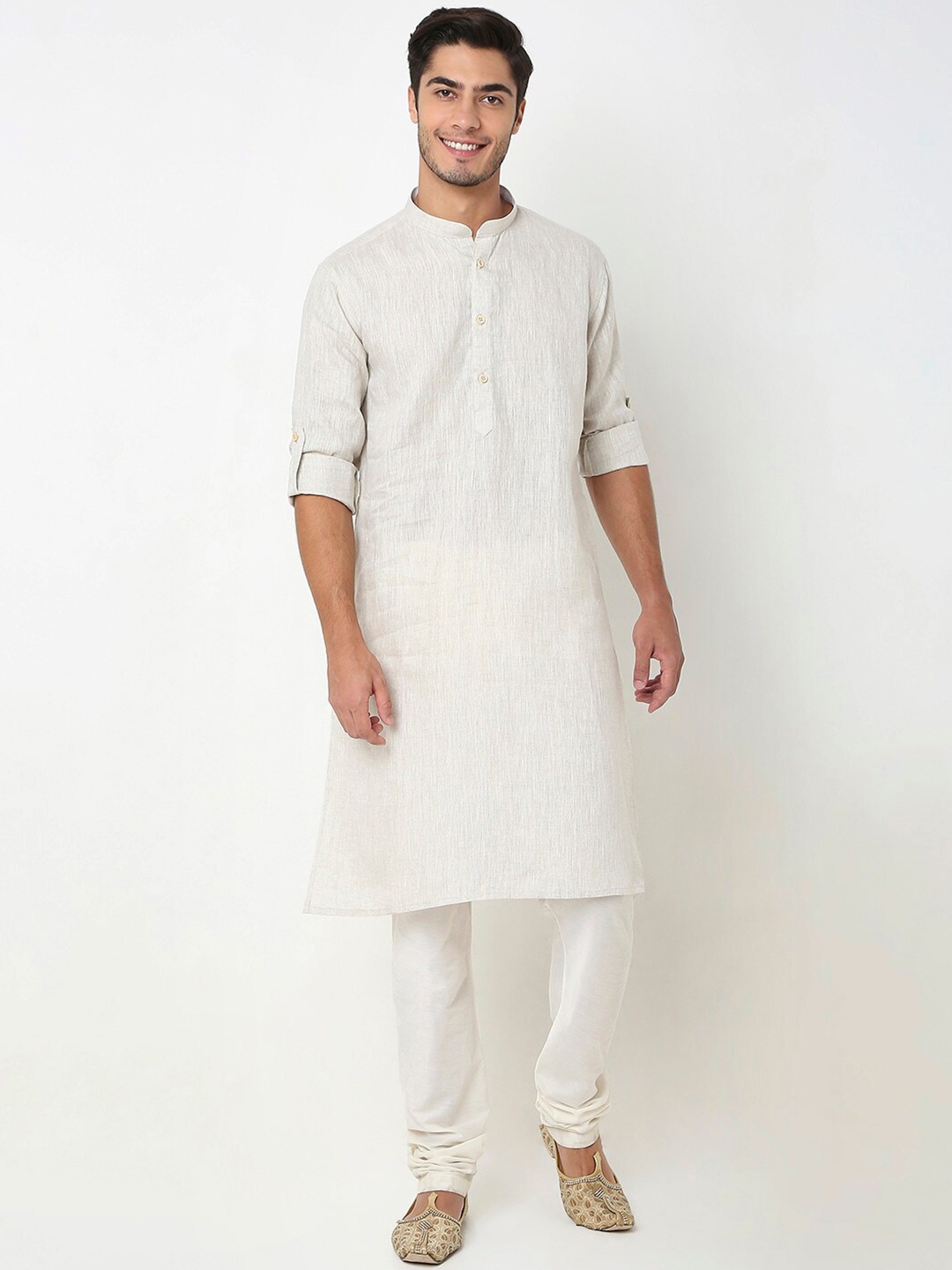 

Ethnicity Mandarin Collar Roll-Up Sleeves Kurta, Off white