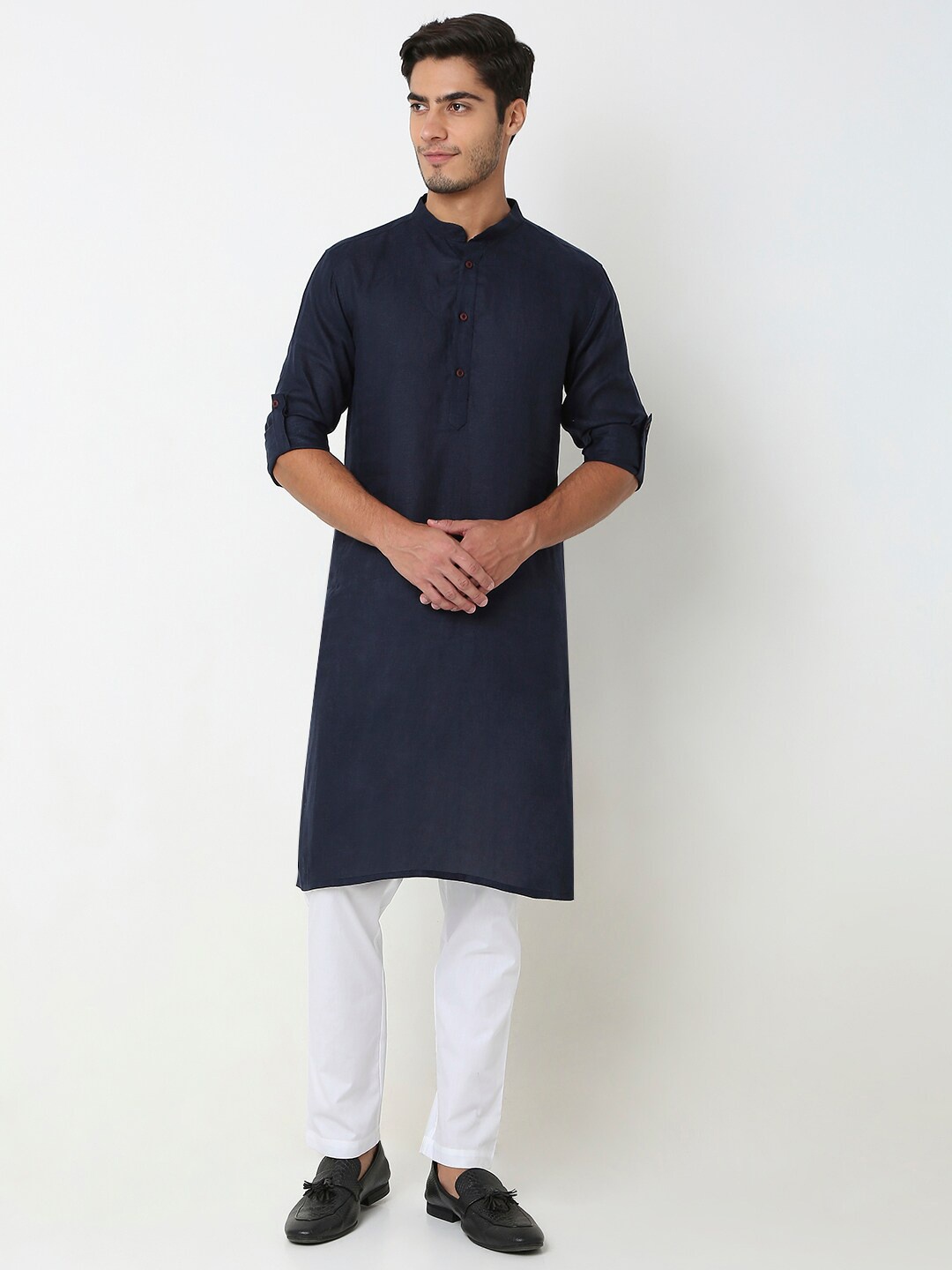 

Ethnicity Mandarin Collar Roll-Up Sleeves Kurta, Navy blue