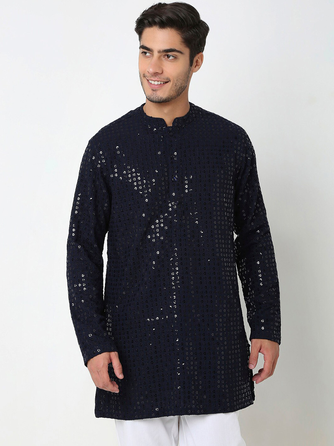 

Ethnicity Striped Mandarin Collar Sequins A-Line Kurta, Navy blue
