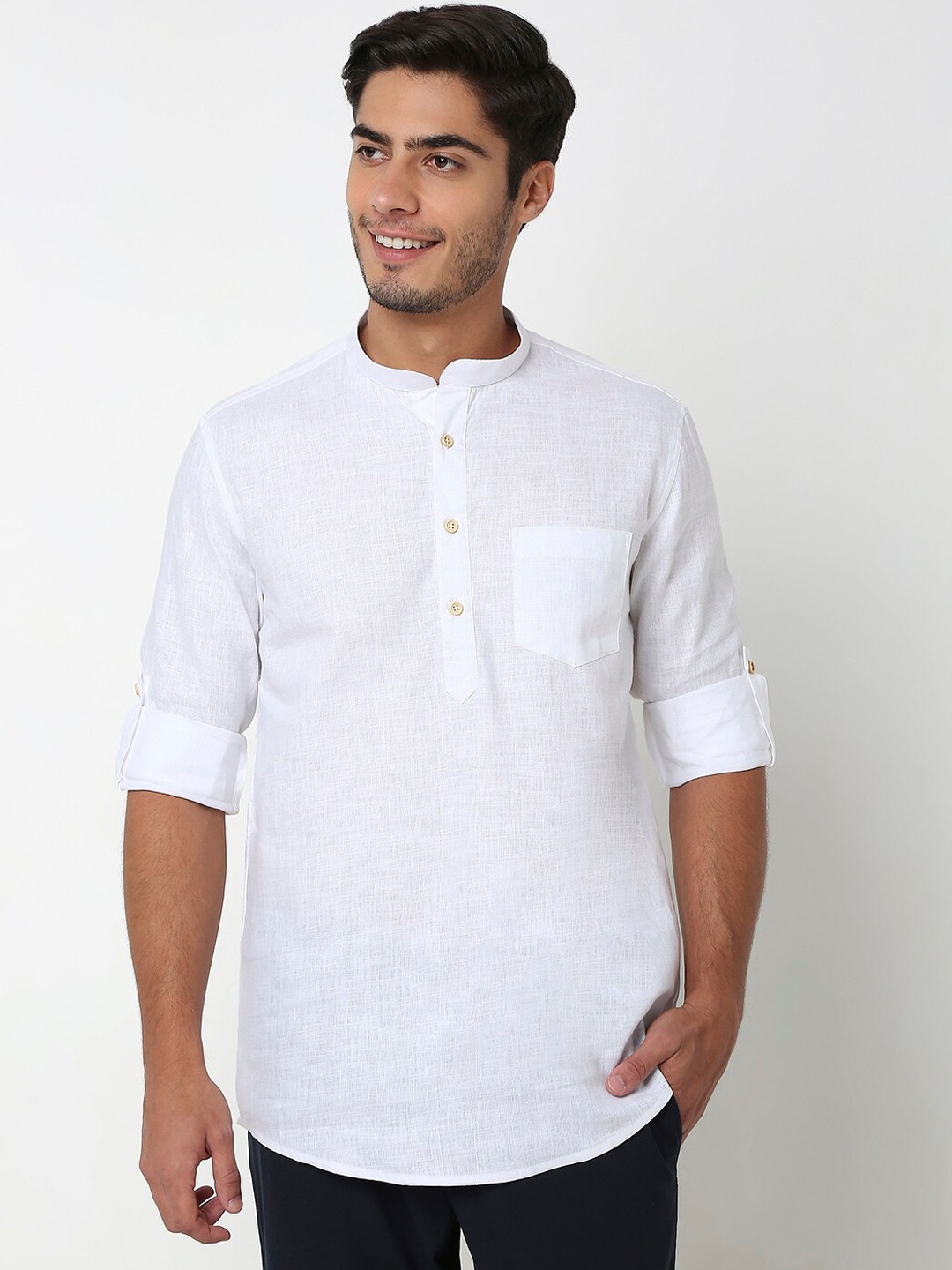

Ethnicity Mandarin Collar Roll-Up Sleeves Regular Kurta, White