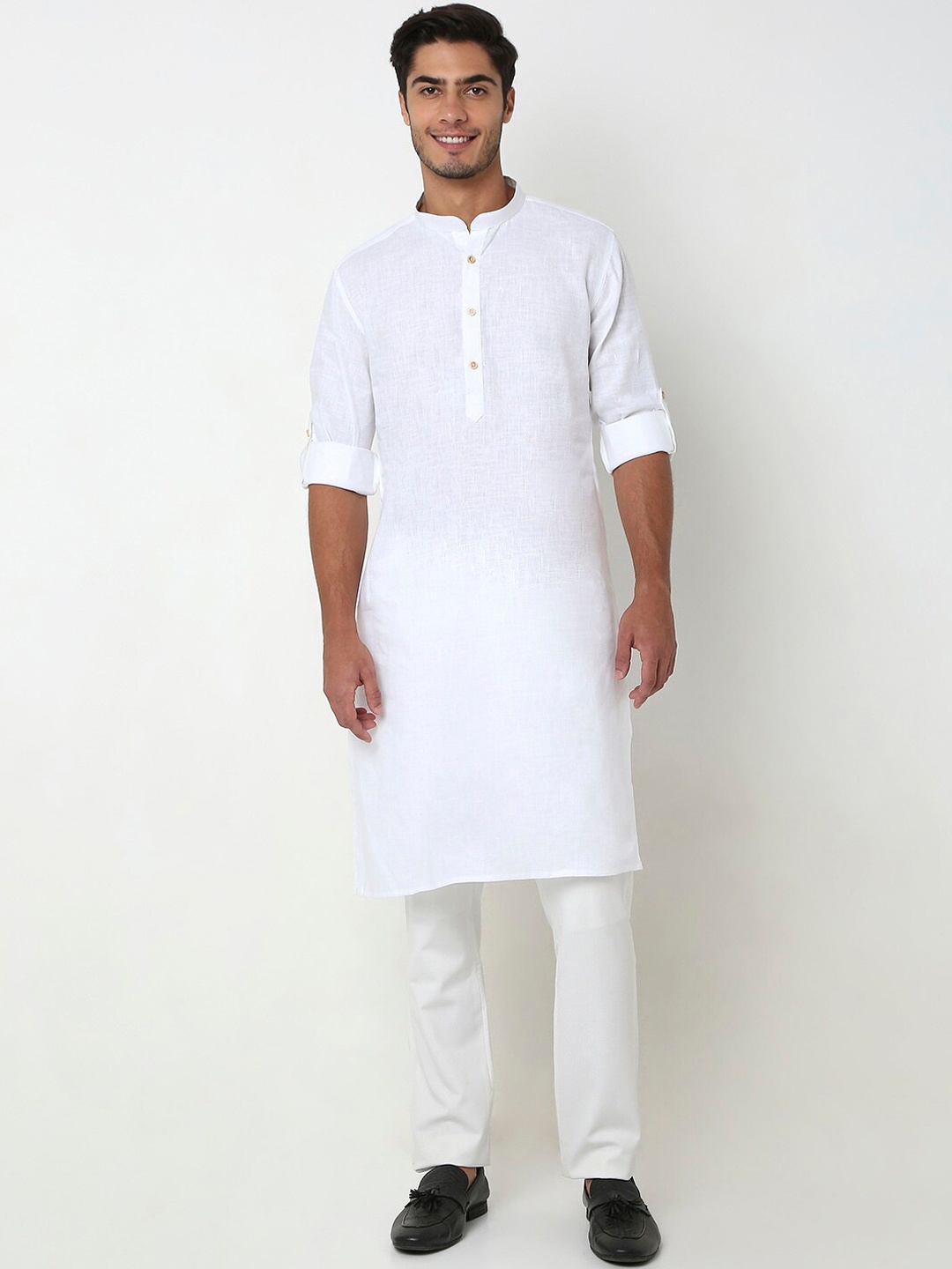 

Ethnicity Mandarin Collar Roll-Up Sleeves Kurta, White