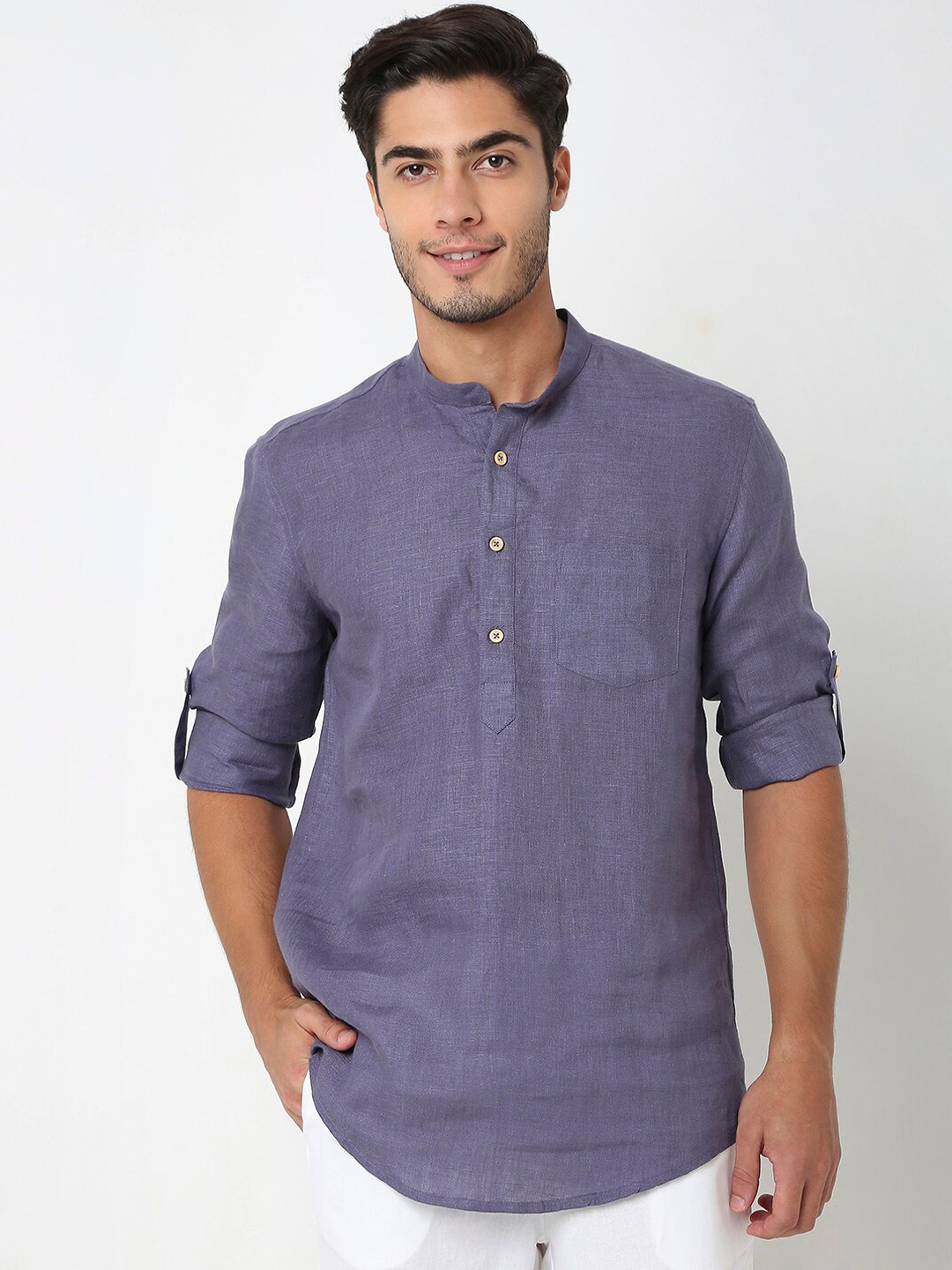 

Ethnicity Mandarin Collar Roll-Up Sleeves Regular Kurta, Purple