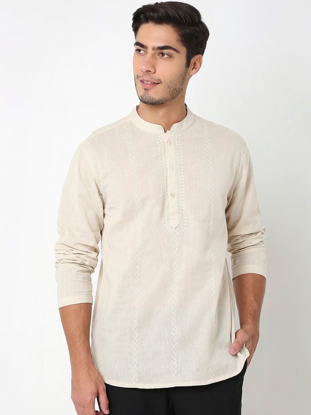 

Ethnicity Mandarin Collar Roll-Up Sleeves Regular Kurta, Beige