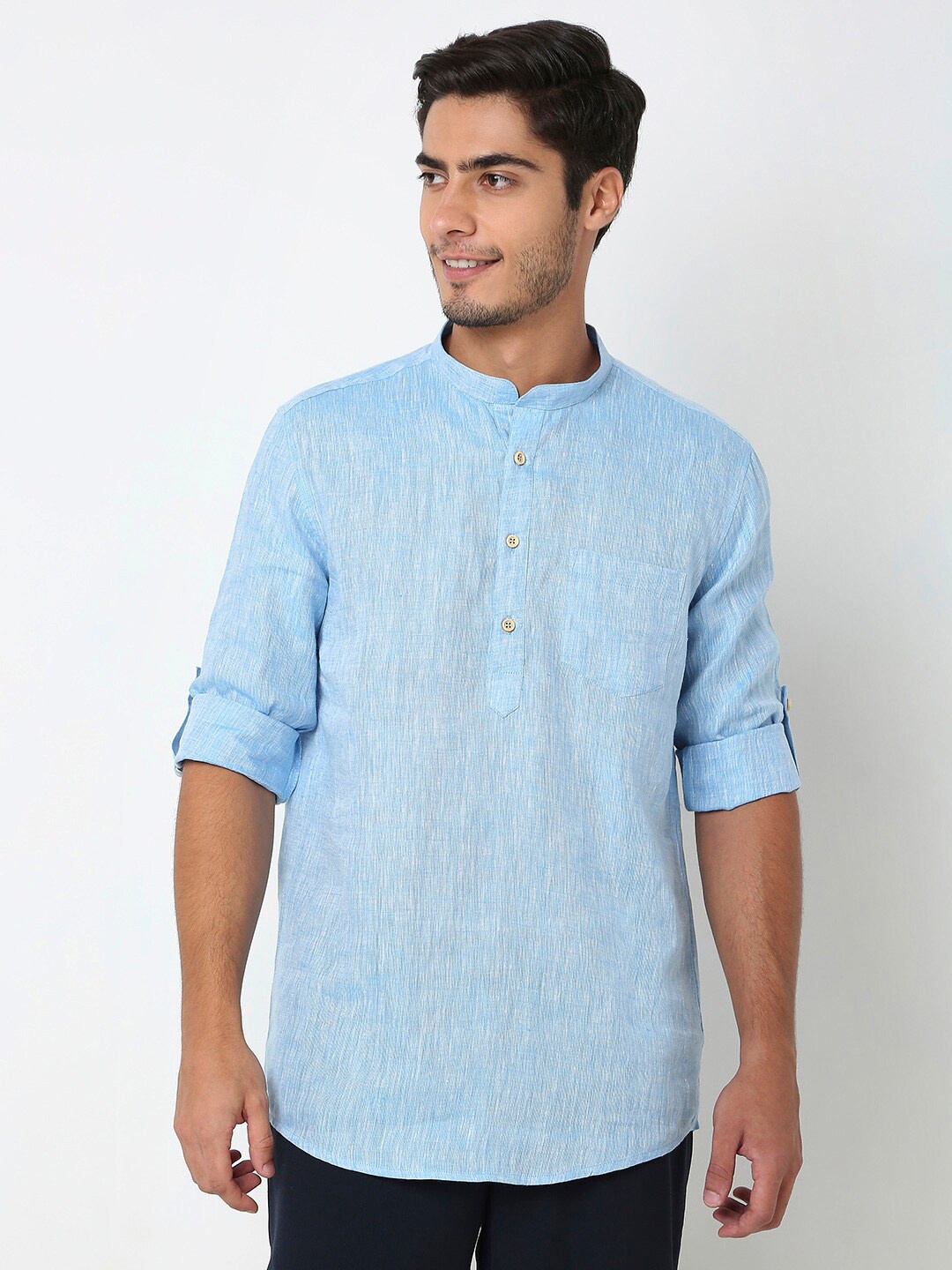 

Ethnicity Mandarin Collar Roll-Up Sleeves Regular Kurta, Blue