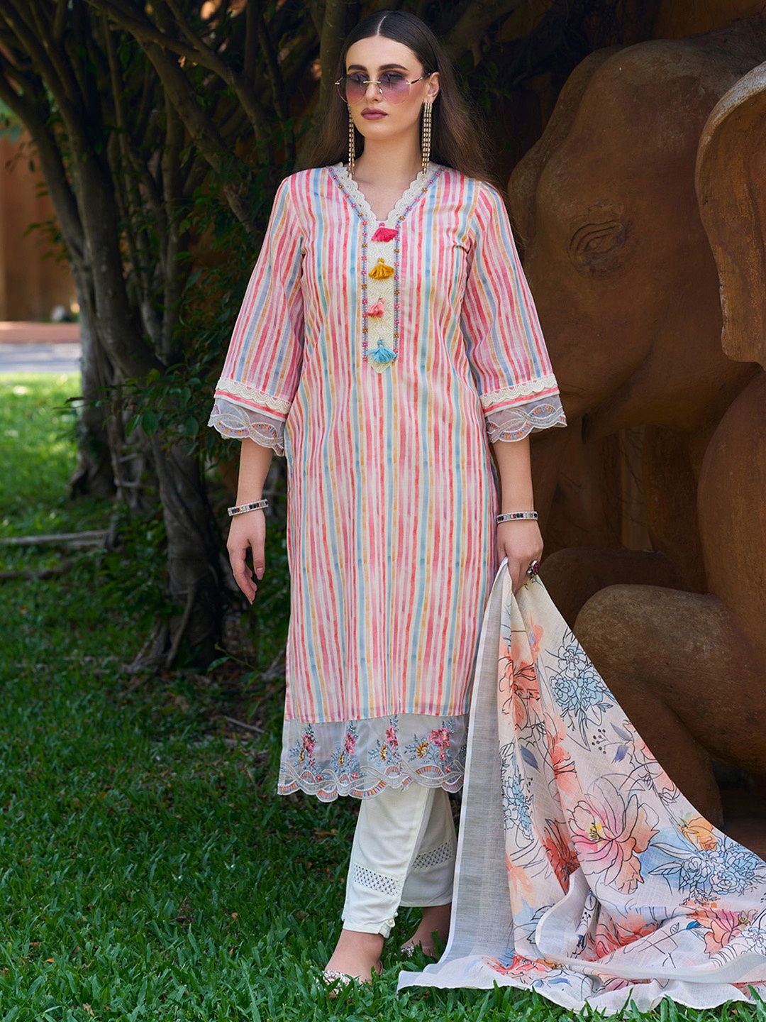 

Indo Era White Striped Thread Work Pure Cotton Kurta with Trousers & Dupatta, Pink