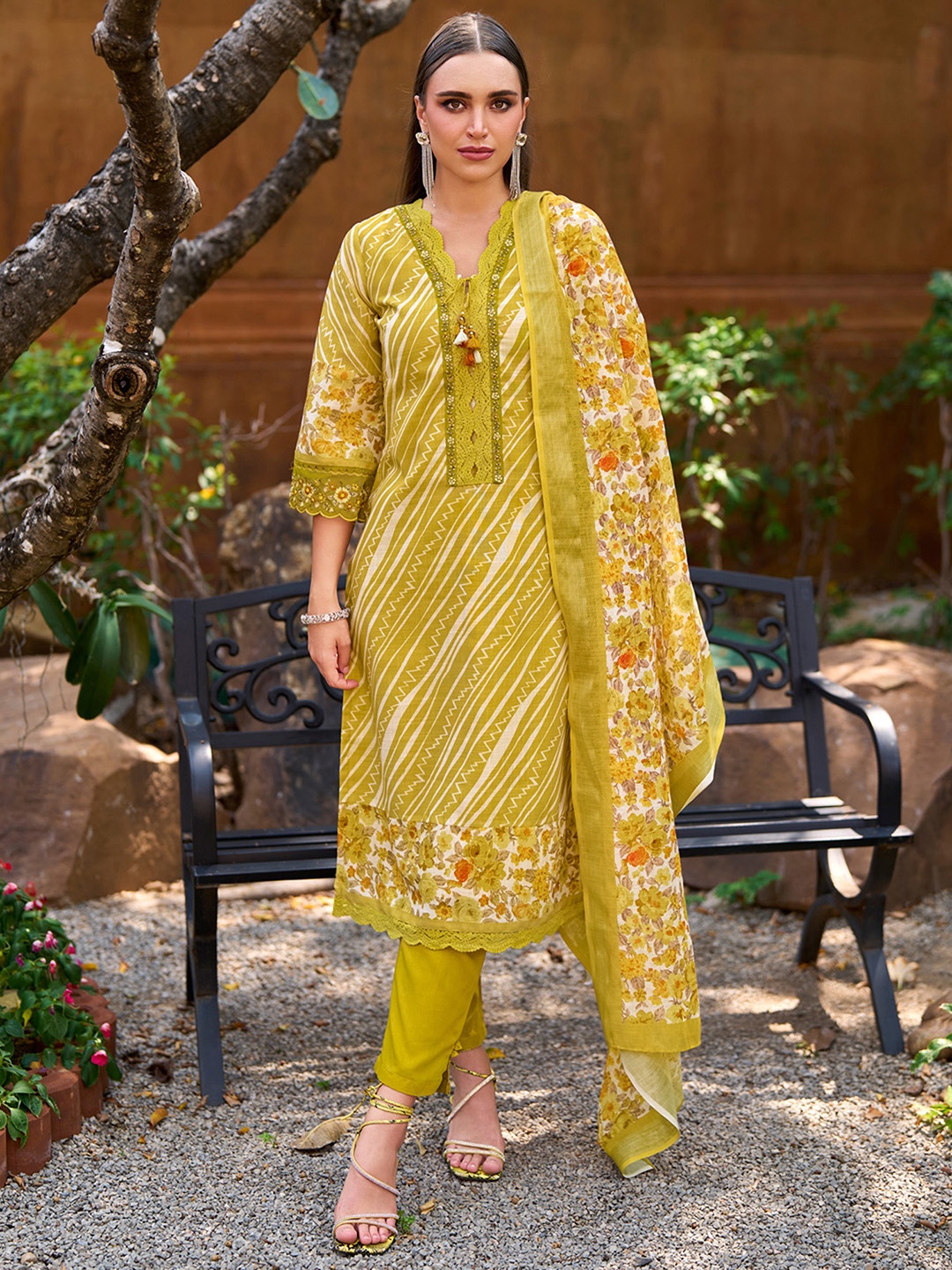 

Indo Era Mustard Leheriya Printed Thread Work Pure Cotton Kurta with Trousers & Dupatta