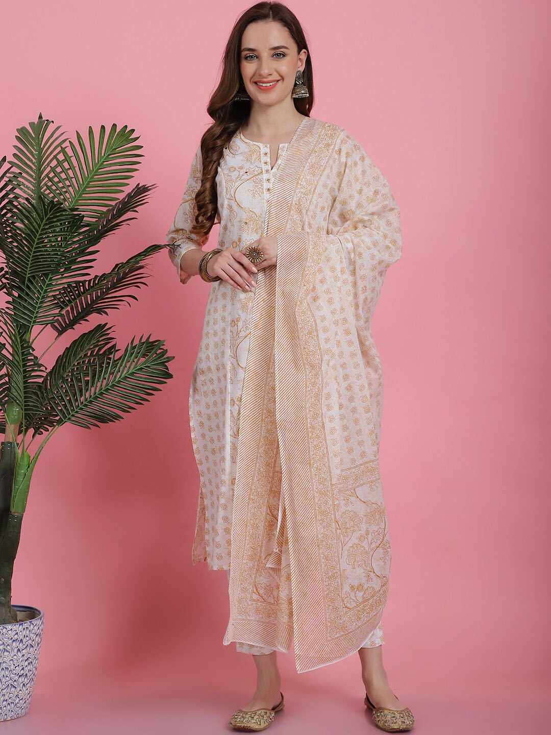 

Prakrti Mustard Floral Printed Regular Pure Cotton Straight Kurta with Trousers & Dupatta, Off white