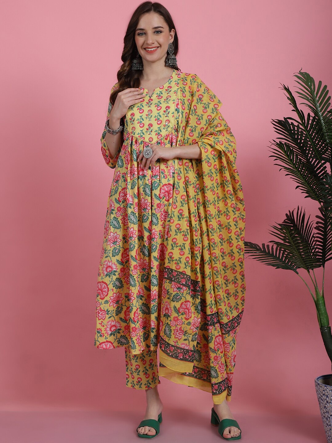 

Prakrti Yellow Floral Printed Sequinned Pure Cotton Anarkali Kurta With Trousers & Dupatta