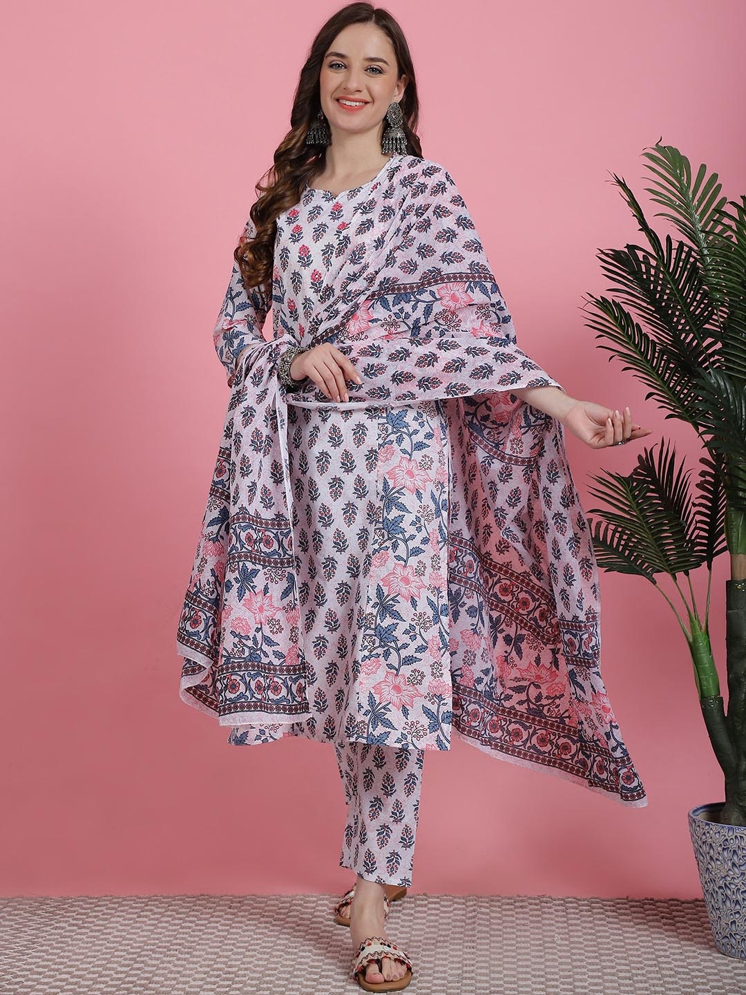 

Prakrti Coral Floral Printed Mirror Work Pure Cotton Kurta with Trousers & Dupatta