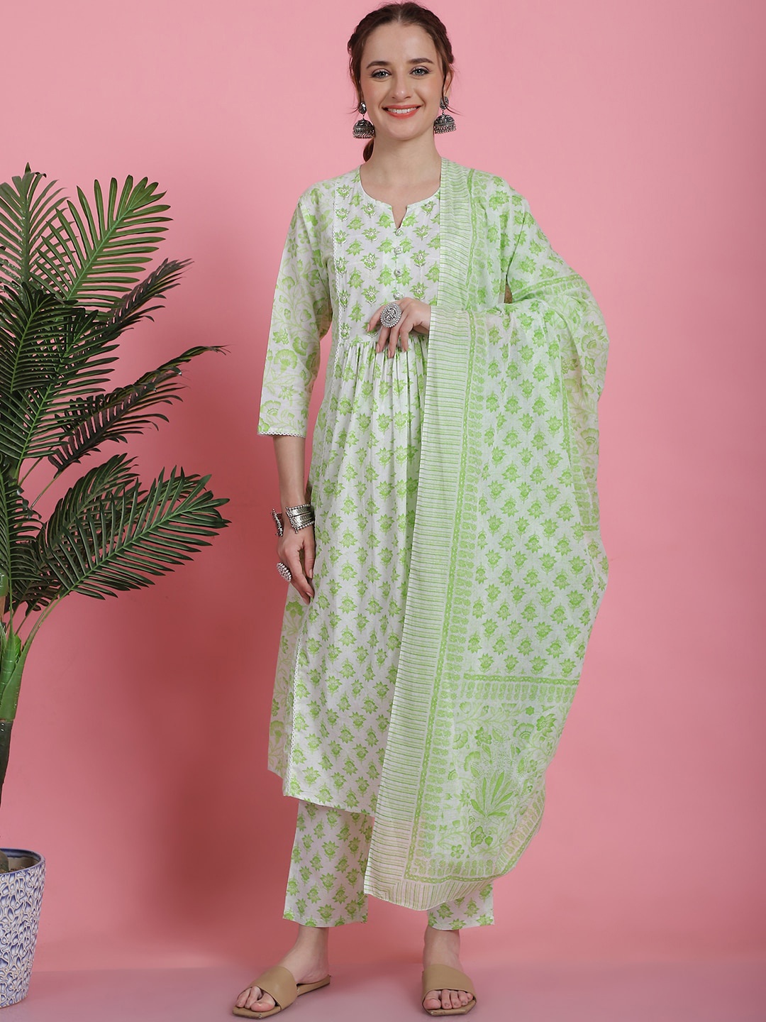 

Prakrti Lime Green Floral Pure Cotton Beads & Stones Straight Kurta & Trousers & Dupatta