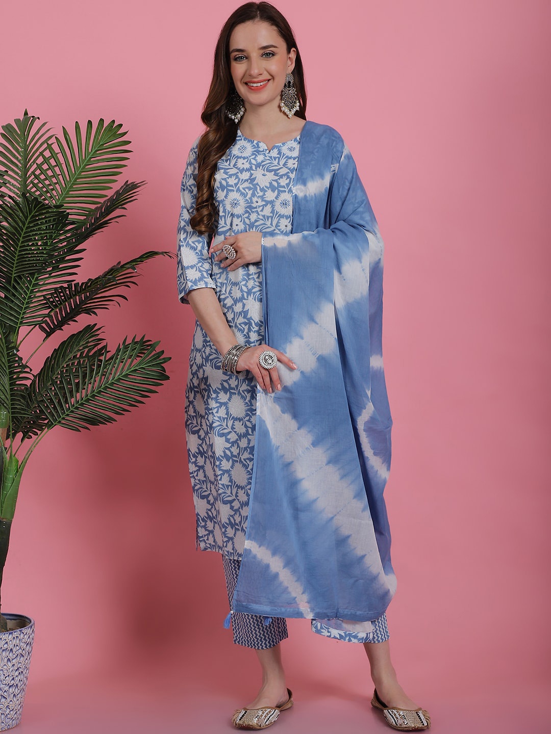 

Prakrti Blue Floral Printed Mirror Work Pure Cotton Straight Kurta with Trousers & Dupatta