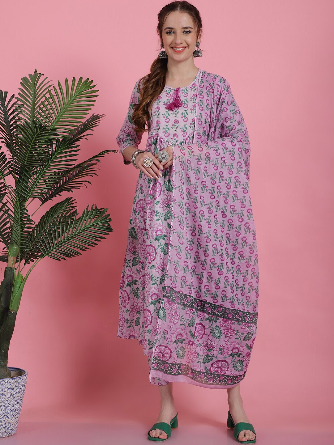 

Prakrti Mauve Floral Printed Tie-Up Neck Cotton Straight Kurta & Trousers & Dupatta