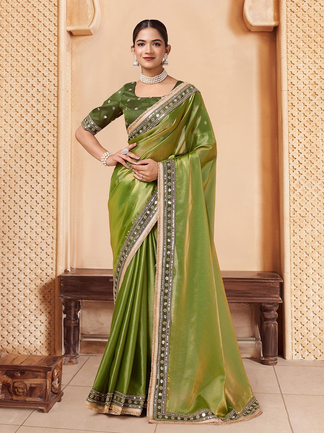 

House of Pataudi Embellished Organza Sarees, Green