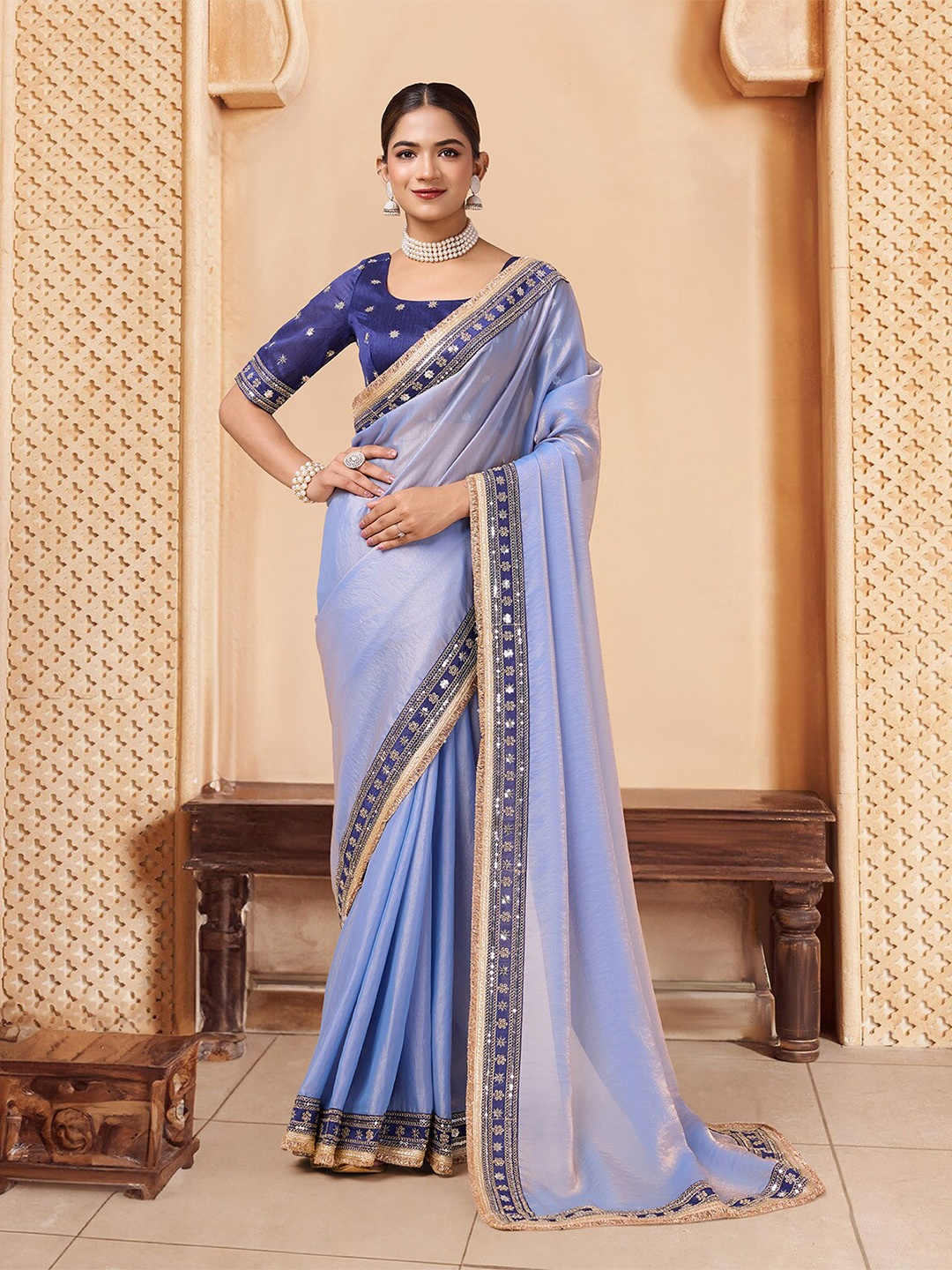 

House of Pataudi Embellished Organza Sarees, Blue