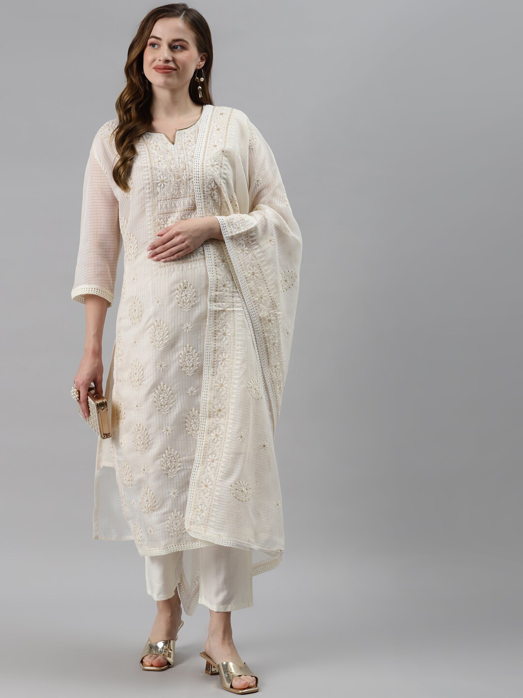 

all about you White Floral Embroidered Thread Work Straight Kurta with Trousers & Dupatta, Off white