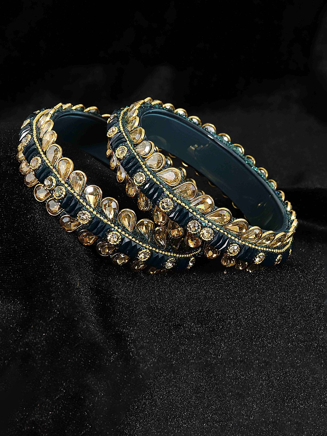 

NMII Set Of 2 Zircon Stone-Studded & Kundan Bangles, Teal