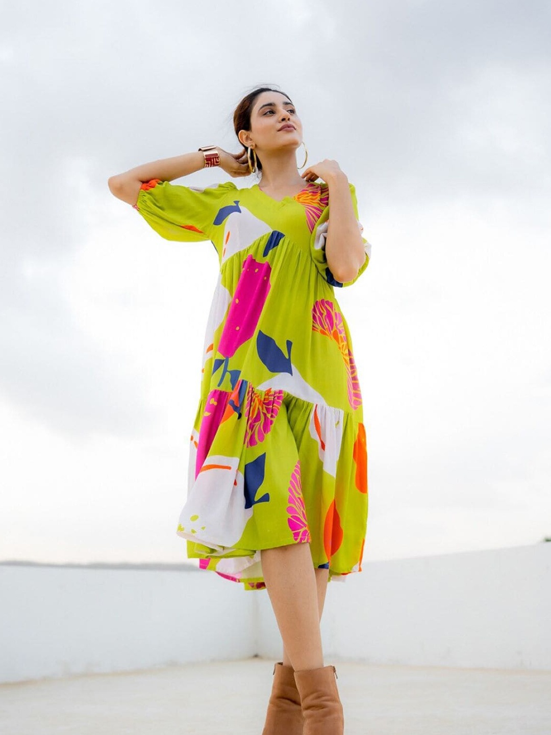 

RIITIH Printed Puff Sleeve A-Line Dress, Green