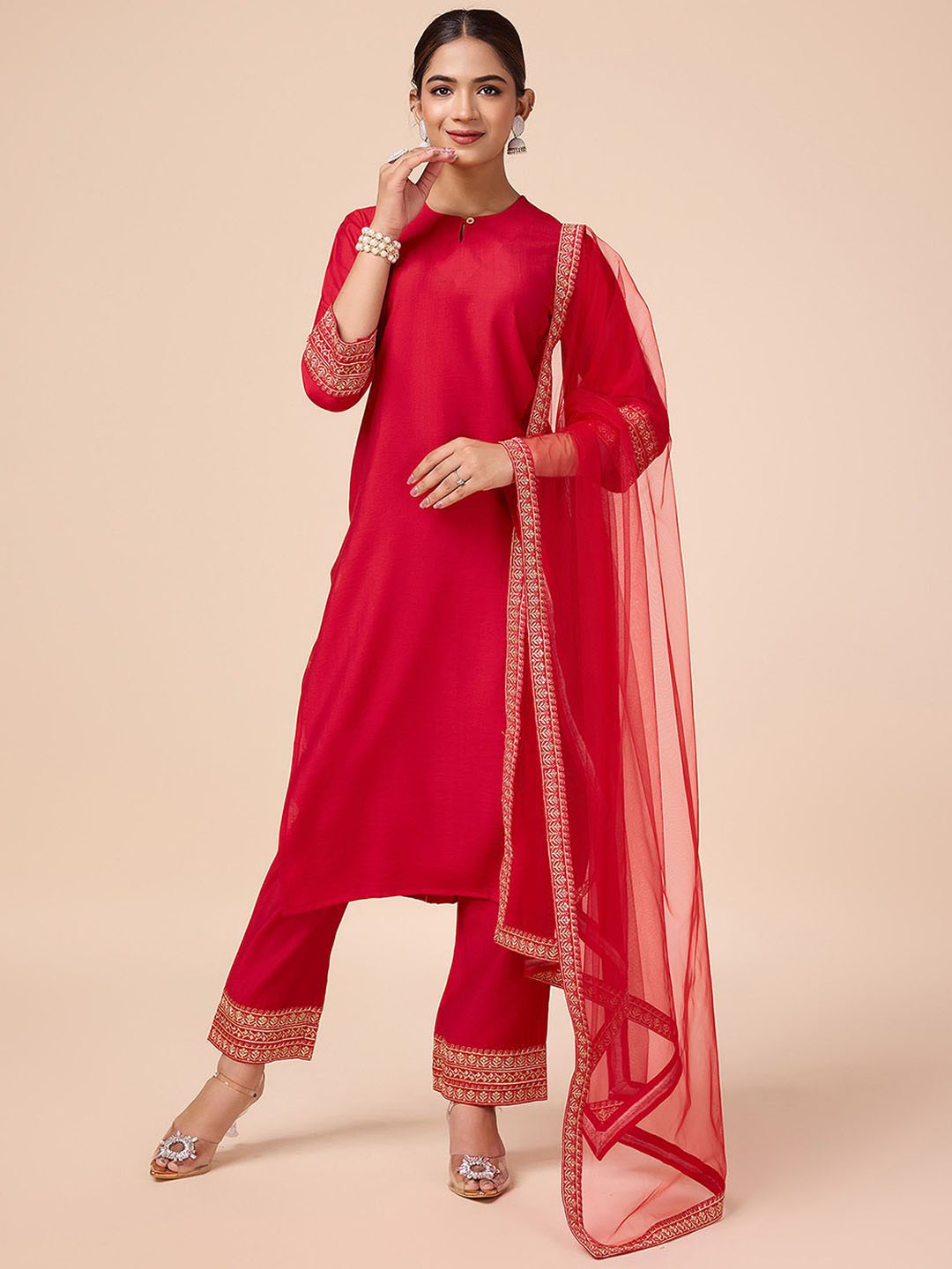 

House of Pataudi Self Design Sequinned Embroidered Kurta With Trouser & Dupatta, Red