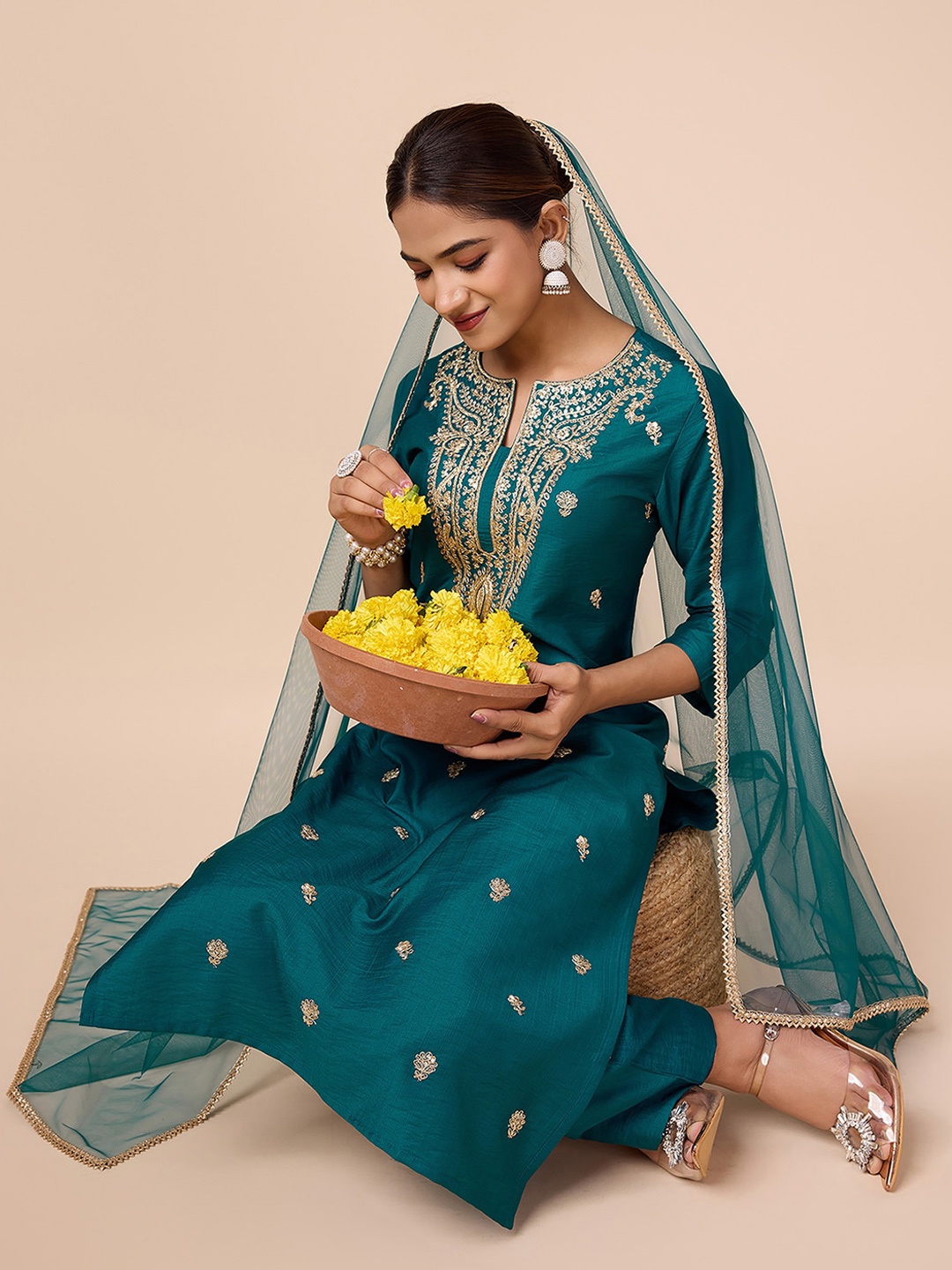 

House of Pataudi Ethnic Motifs Sequinned Embroidered Kurta With Trouser & Dupatta, Teal