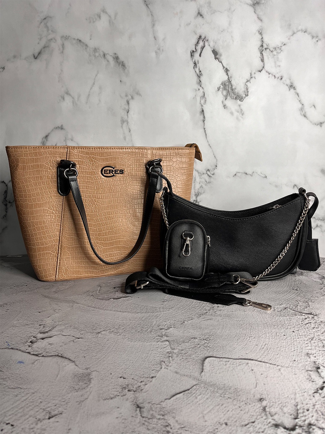 

CERES Women Set of 2 Leather Crossbody & Tote Bags, Beige