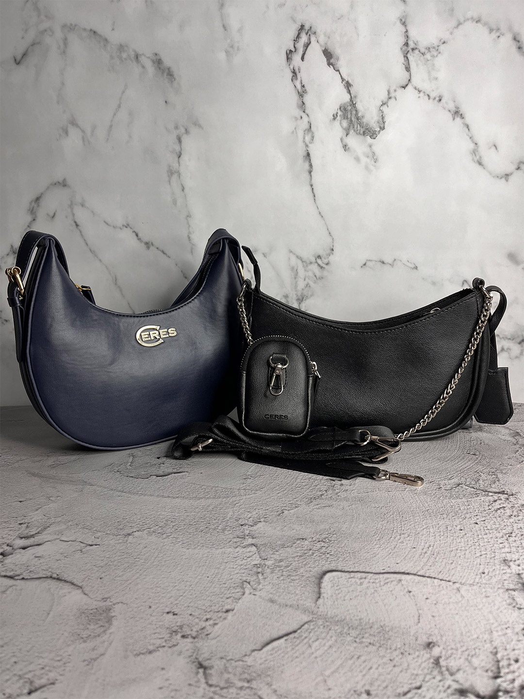 

CERES Set of 2 Women Leather Crossbody & Sling Hobo Bag, Navy blue