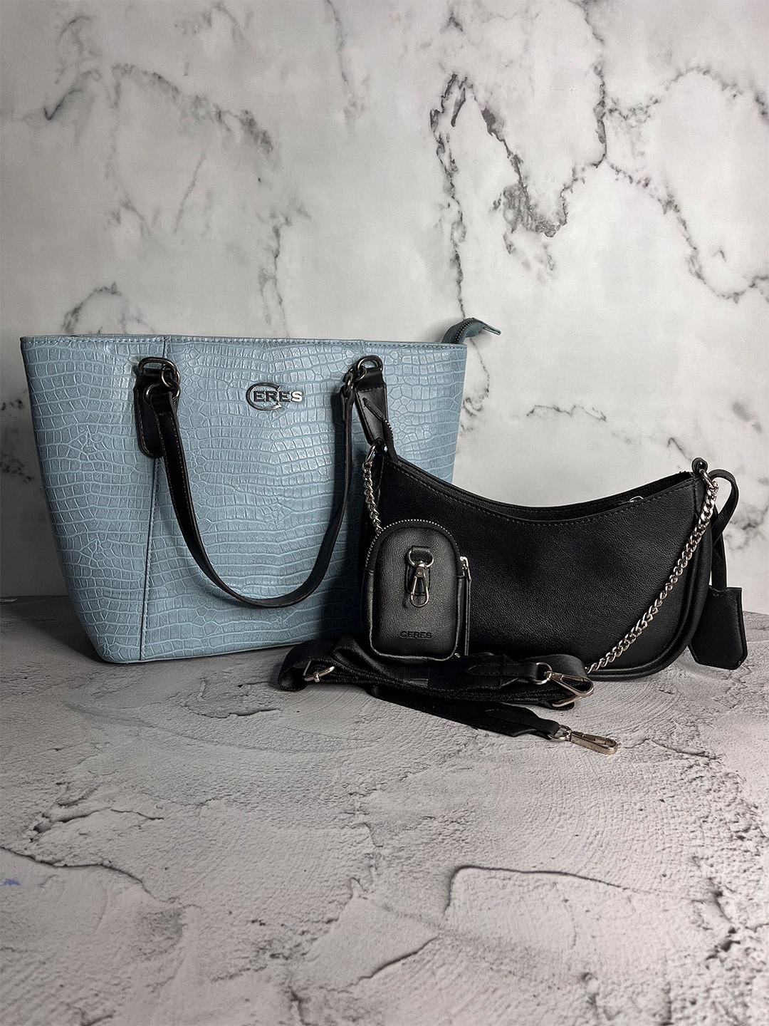 CERES Women Set of 2 Leather Crossbody & Tote Bags, Blue