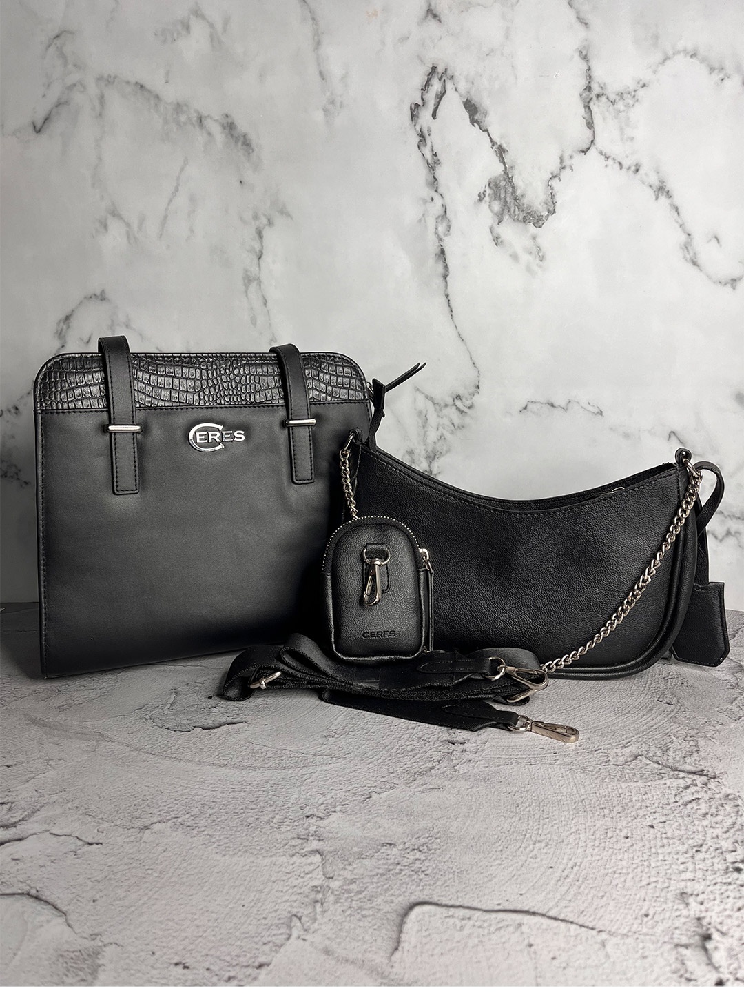 

CERES Women Set of 2 Leather Crossbody & Tote Bags, Black