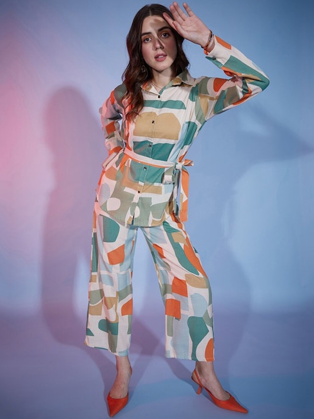 

BAESD Abstract Printed Belted Detail Pure Cotton Shirt & Palazzos, Grey
