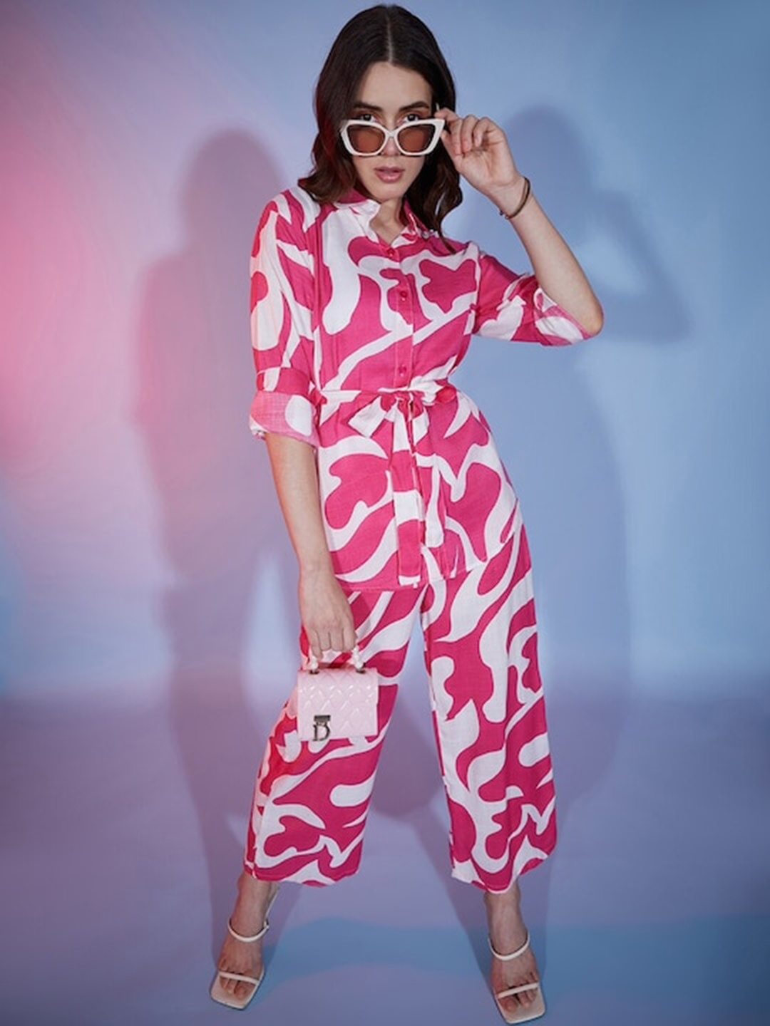 

BAESD Abstract Printed Pure Cotton Shirt With Palazzos, Pink