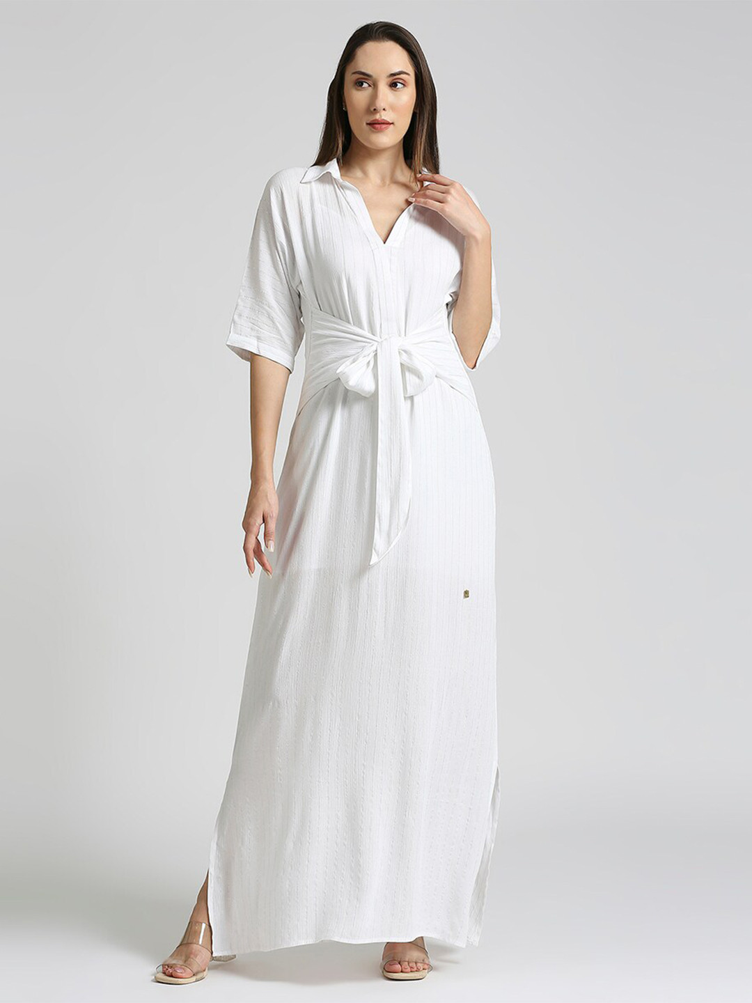

EMBLAZE Shirt Tie-up Cotton Dress, White