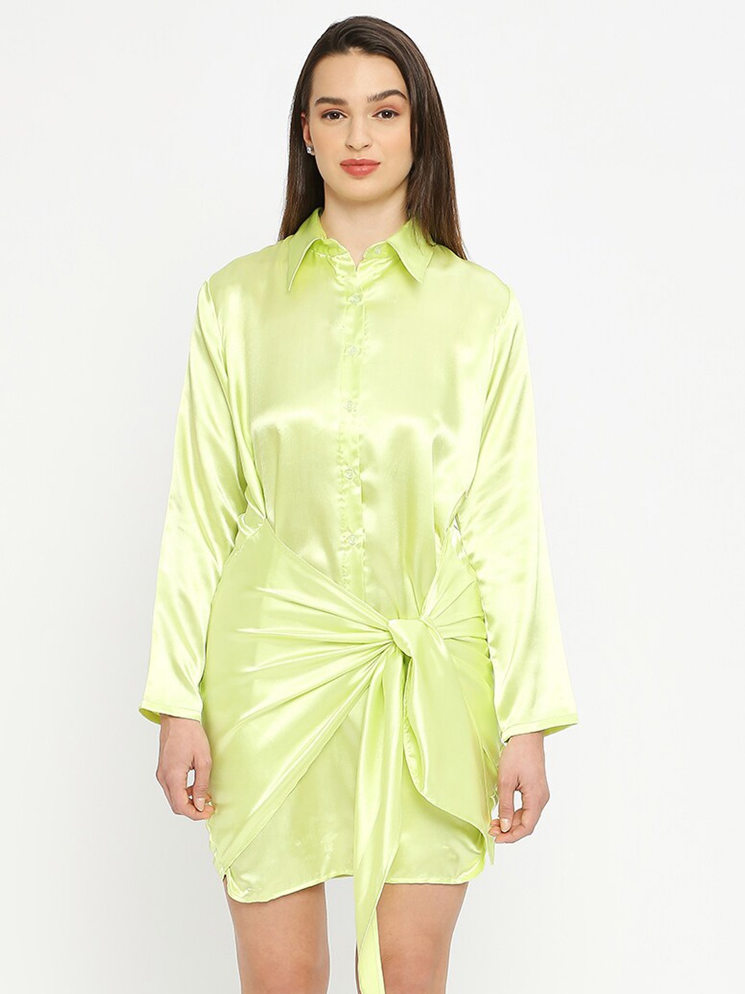 

EMBLAZE Tie-Ups Detail Satin Shirt Dress, Green