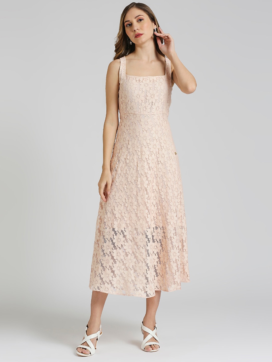 

EMBLAZE Shoulder Straps Self Design Cotton A-Line Midi Dress, Peach