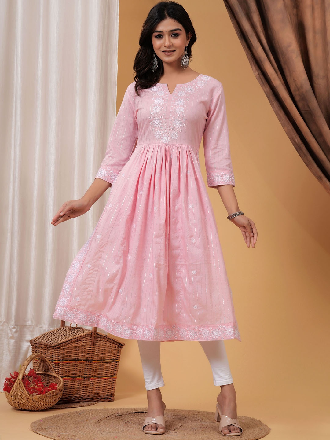 

Light Daisy Striped Thread Work Empire Anarkali Kurta, Pink